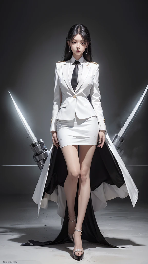 Beautiful girl with two meter long hair, long black hair, wearing a white women&#39;s suit, Wear a suit over the outside., (white women&#39;s suit), (white shirt), (Thai women&#39;s short black necktie), (Military rank insignia), (Short white pencil skirt), tight, (dynamic post), full body, (Huge breasts, thin body, small waist, hips raised, small thighs, Long legs), A gigantic rift, black high heels, Short white pencil skirt, สวมbusiness suit, business suit, military regalia,