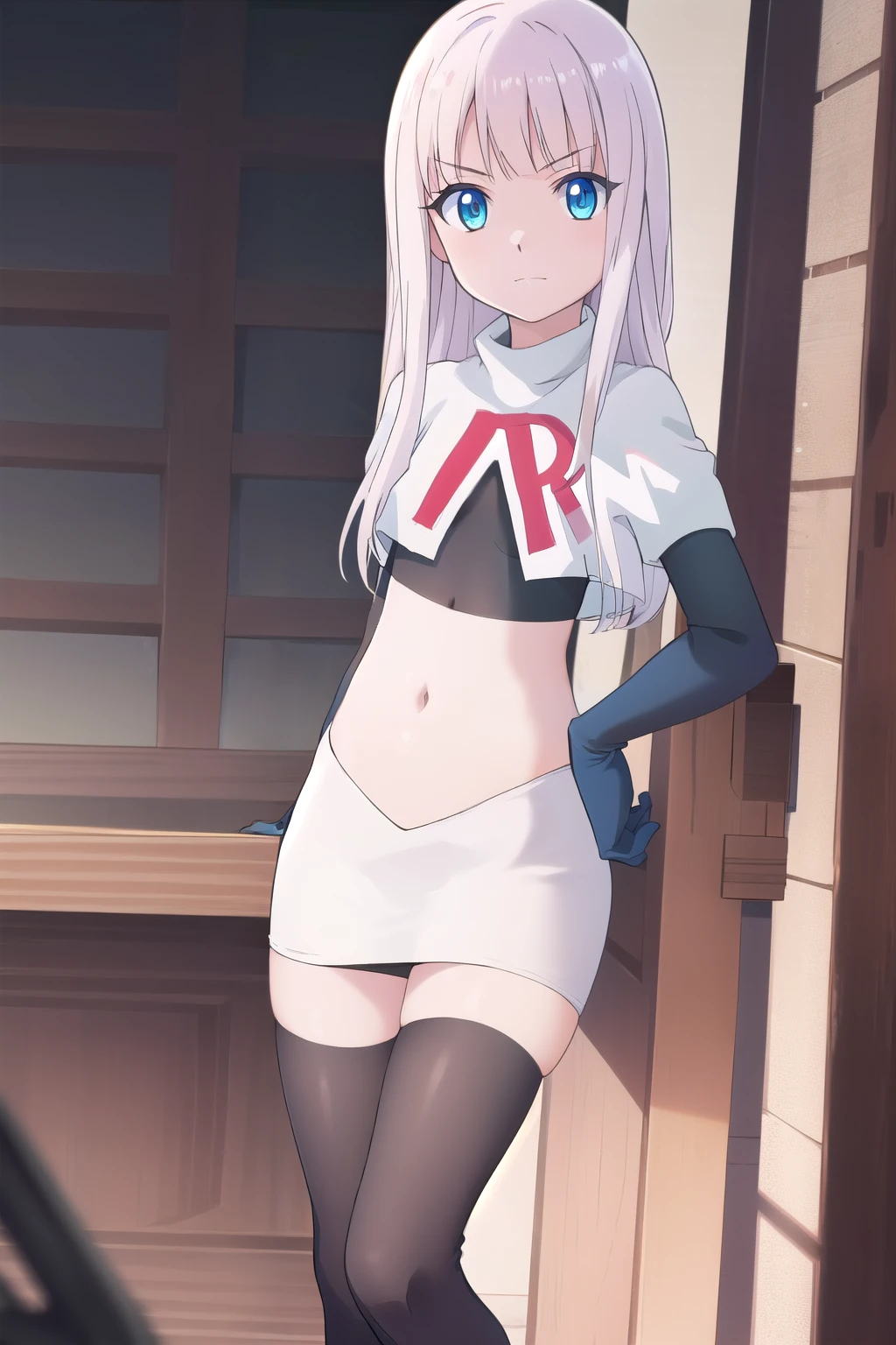 mira, anime, 1girl, solo, long_hair, looking_at_viewer, blue_eyes,  white_hair, small breasts,  soft smile, lake, yuzustyle , masterpiece, best quality, official art, extremely detailed CG unity 8k wallpaper, highly detailed, shiny skin, Depth of field, vivid color, team rocket,team rocket uniform, red letter R, white skirt,white crop top,black thigh-highs,black elbow gloves