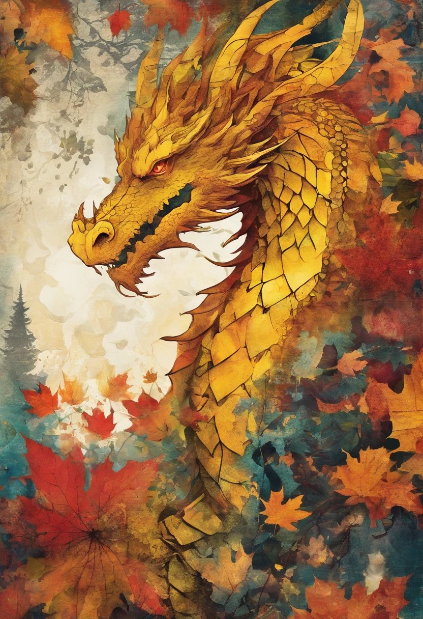 Dragon jaune ondoyant, autumn forest background ::2 colorful ink painting ::2 art fantasy