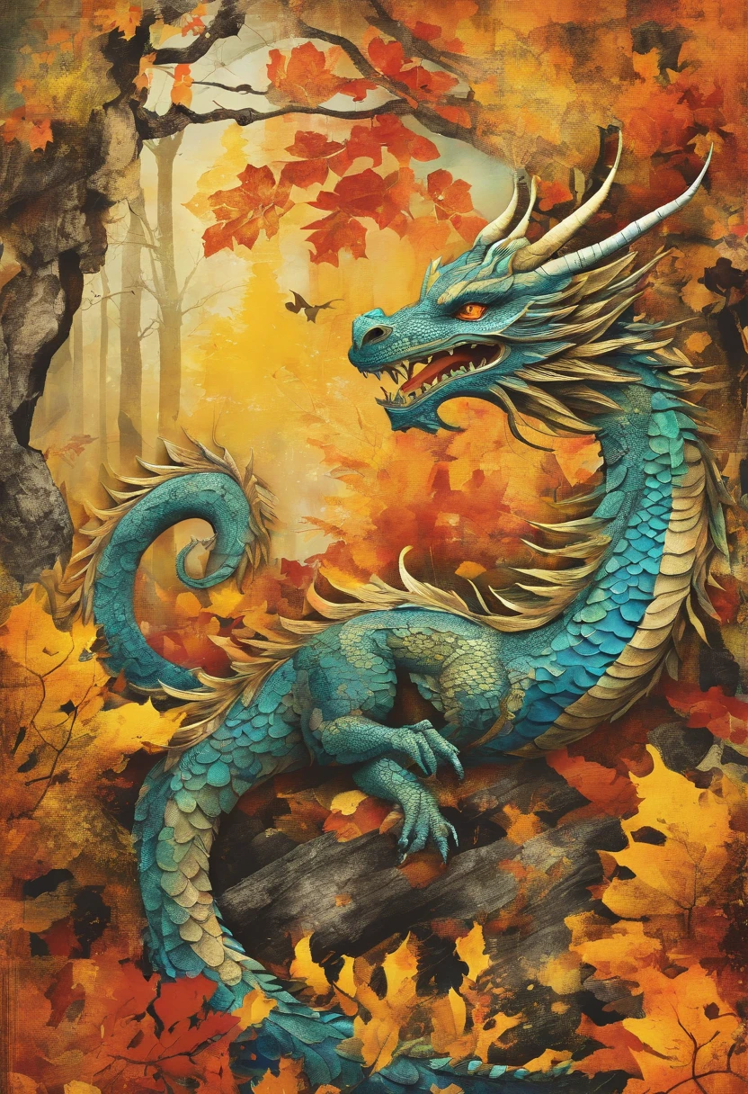 Dragon jaune ondoyant, autumn forest background ::2 colorful ink painting ::2 art fantasy