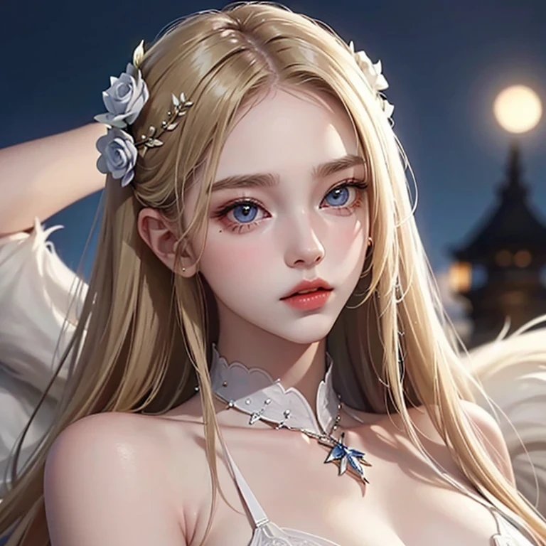 masterpiece, highest quality, (alone focus), (perfect face:1.1), (high detail:1.1), (highly detailed eyes), dramatic, (1 person:0.5), (pale skin), long blonde hair, mysterious eyes, (thin eyebrows), alone, long hair, jordan barrett, moon, night, white luxury suit, covered navel, swollen lips, fur, Proud look, future city, detailed background, Art by artgerm, cinematic lighting, rose, fashion, balenciaga style