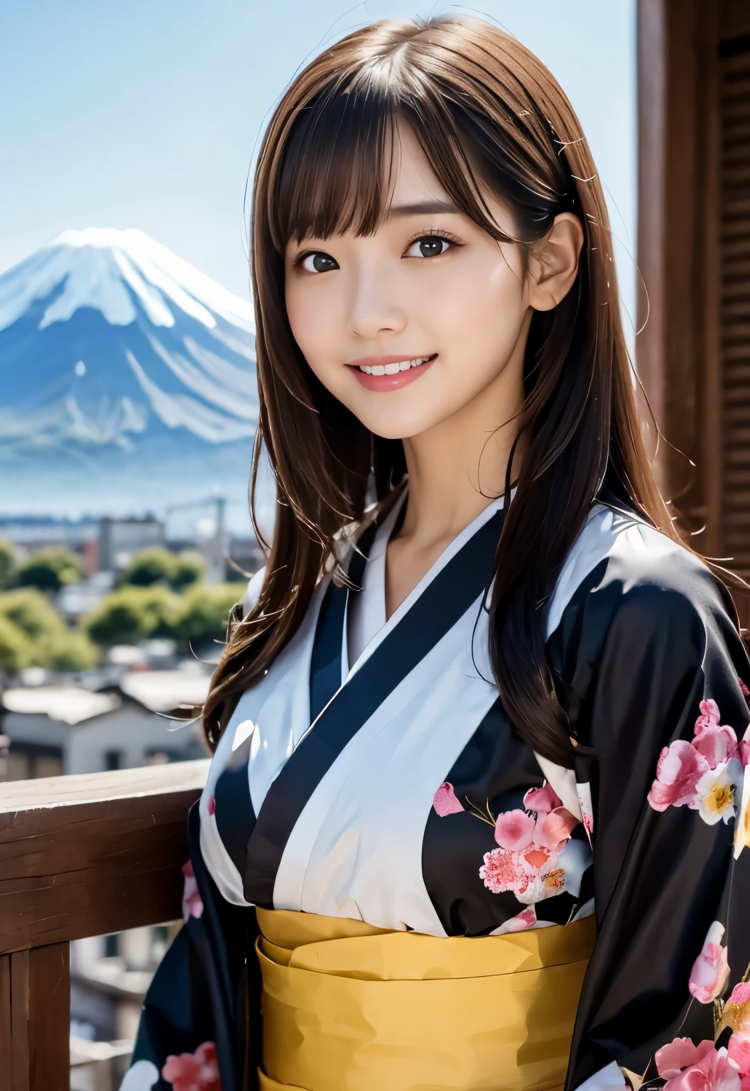 (masterpiece, best quality:1.1), (8k, raw photo, photo realistic:1.2, f22), (shiny skin), detailed skin, long hair,detailed face, detailed eyes, smile,BREAK, real world, intricate details, smil, BREAK, 1girl, (kimono), BREAK, (Mt.Fuji:1.4), BREAK