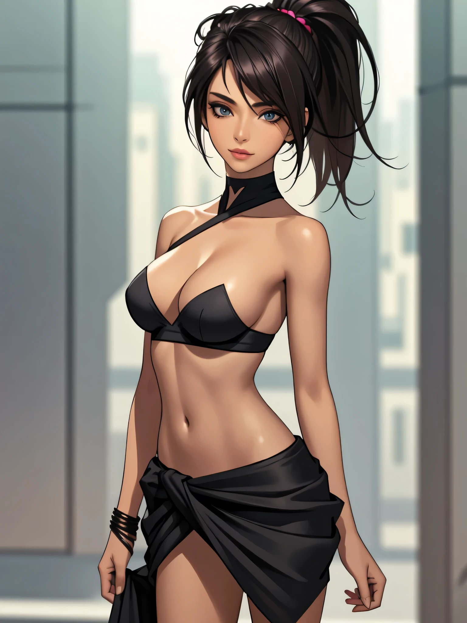 1 girl (Masterpiece, best quality, photorealistic, highres, photography:1.3), close-up portrait, sharp focus, 1 dark haired girls, European fashion models, flawless skin, slim feminine appearance, flat abdomen, slender abs, cleavage, messy hair, detailed hair strands, delicate sexy face, allure look, ((elegant girl, high society, detailed makeup, influencer, perfect skin)), outdoor fashion photoshoot, standing pose, ((realistic, ultra realistic, realism, realistic detail)), long black ponytail, hair between eyes, (tan skin, bronze skin) blue eyes, tan skin