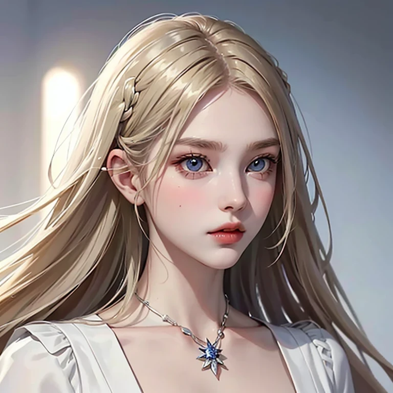 masterpiece, highest quality, (alone focus), (perfect face:1.1), (high detail:1.1), (highly detailed eyes), dramatic, (1 person:0.5), (pale skin), long blonde hair, mysterious eyes, (thin eyebrows), alone, long hair, jordan barrett, moon, night, white luxury suit, swollen lips, fur, Proud look, future city, detailed background, Art by artgerm, cinematic lighting, rose, fashion, balenciaga style,big breasts,
