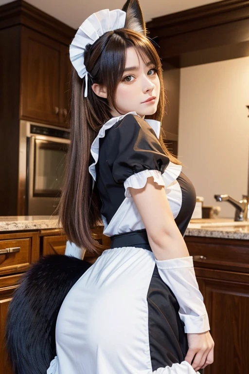 ((highest quality, 32k)), ((masterpiece)), (Familiar), Perfect Face, Fox Woman, Beautiful woman, public, She has a fluffy tail, She has a red fox's tail, She wags her tail, smile, Dog collar, She is wearing a maid outfit, Beautiful Hips, Big Butt, Showing off a big tail, A tail sticks out from inside the pants