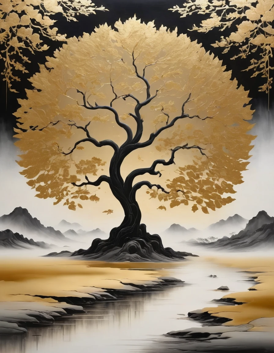 (gold leaf art:1.5)，Black gold-rimmed Bodhi tree falls from the sky, Dunhuang murals as background, minimalist, line art, From front and center to ghostly smoke, Transition from entity to ghost, Smart, powerful and calm, Rich in details, Psychedelic, fantastic, drama, Chinese ancient style, style, ink painting, fantasy, surreal, ethereal