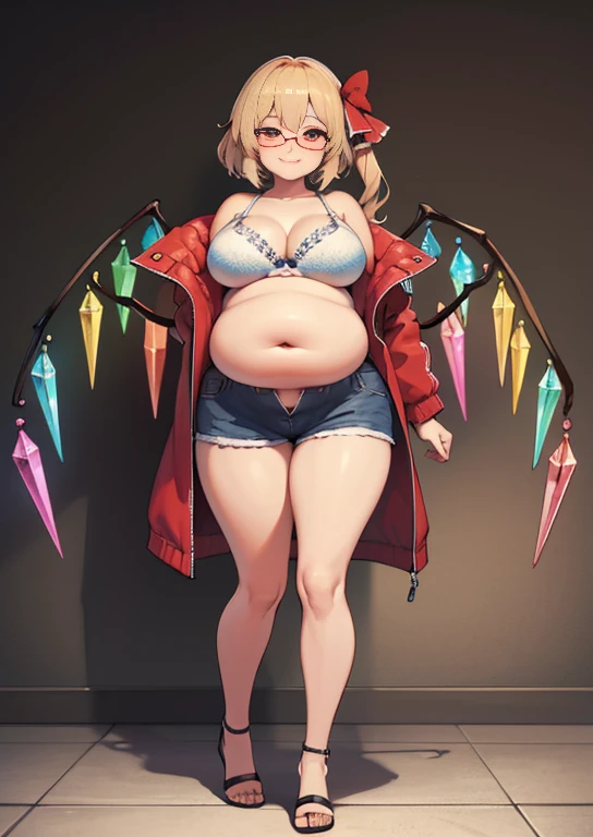 (masterpiece, best quality, highly detailed), 1girls, big belly, huge belly, art by kipteitei, round belly, chubby, curvy, belly grab, enormous belly, fat belly, thicc, bigger belly, really big belly, jiggly belly, glasses, unzipped jacket, (no shirt), bra, thight shorts, high heels, smug face ((full body)), long hair, Flandre scarlet