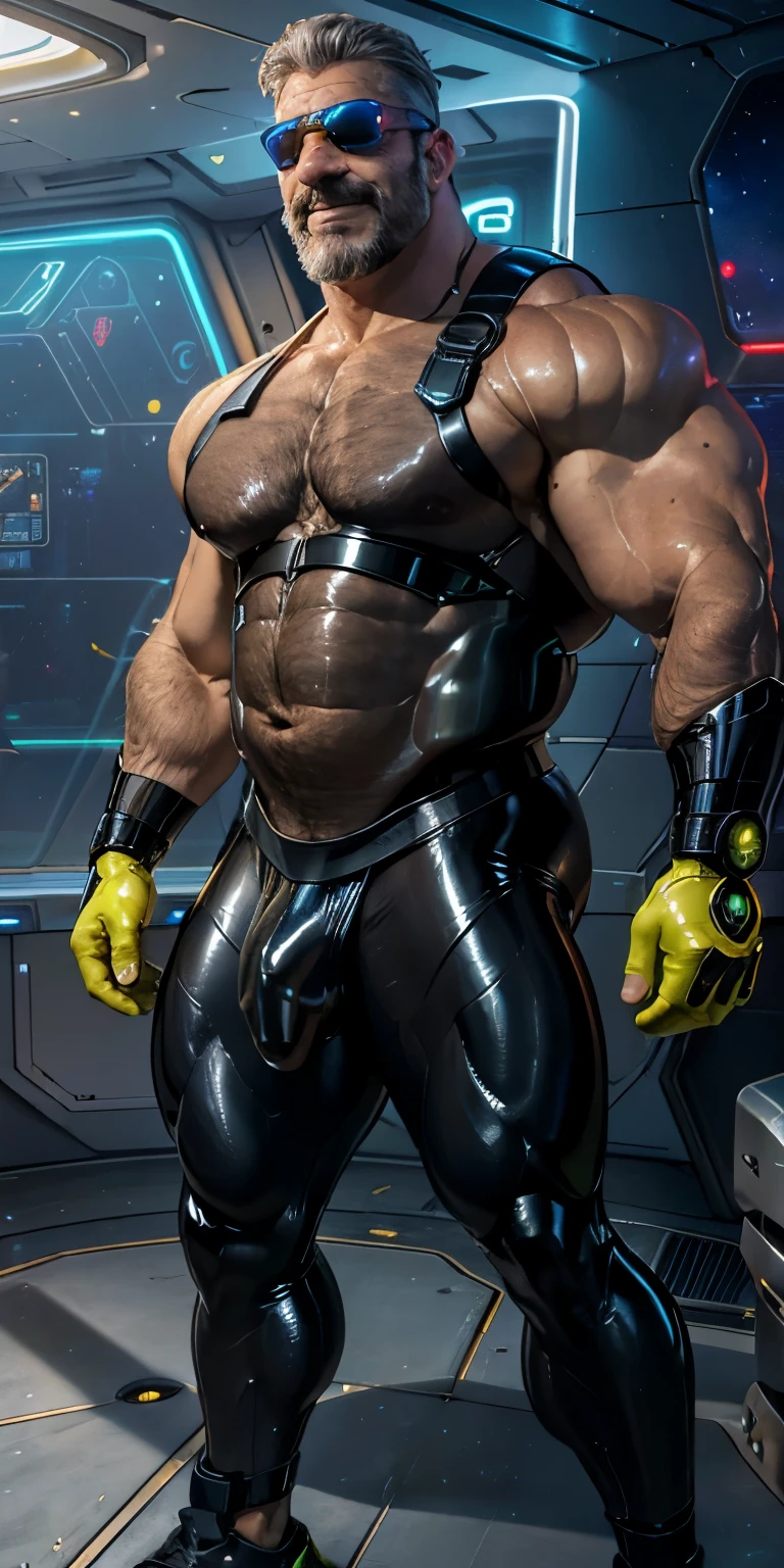 full body portrait, strong burly hairy mature older man(space captain), wearing futuristic captain's uniform insignia (neon and black) (open and revealing) (latex) , gray hair, reflective sunglasses (neon yellow rims), broad shoulders, round belly, thick feet, bulging micro thong, barefoot, scifi spaceship captain uniform, neon lights, best quality elegant masterpiece, face looks like Tom Selleck (Magnum PI) , military buzzcut, dark mustache, gray stubble, latex, wearing a latex thong, big bulging crotch, futuristic gear equipment, wearing see through plastic chest armor (neon yellow and electric blue), wearing neon yellow see through chest armor, wearing electric blue latex chaps(see-through) , wearing cool neon sneakers,in spaceship cockpit, lying in spaceship sleeping quarters(bed) (view from above), smiling with teeth showing, nicebulge, waiting in bed, glowing armor, legs up(!) and spread(!) , big muscle ass, wet and dripping ass, visible asshole(!) , wet asshole, hairy pecs, thick long legs, silver hair