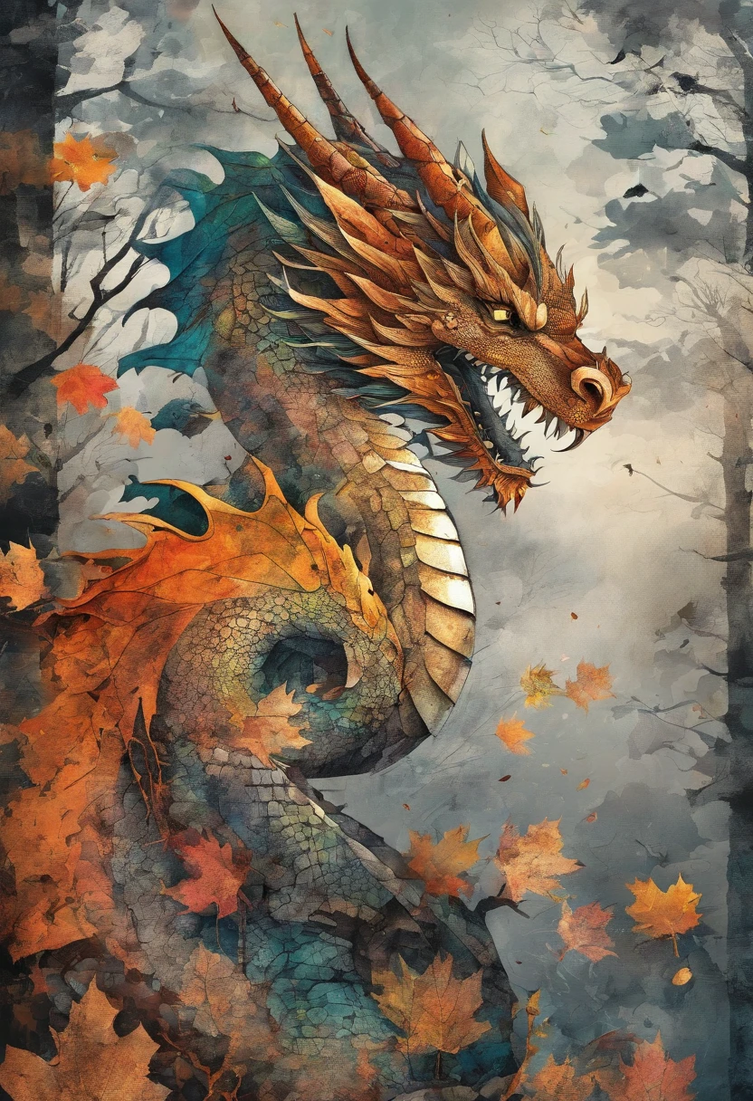 Dragon metal gris, autumn forest background ::2 colorful ink painting ::2 art fantasy