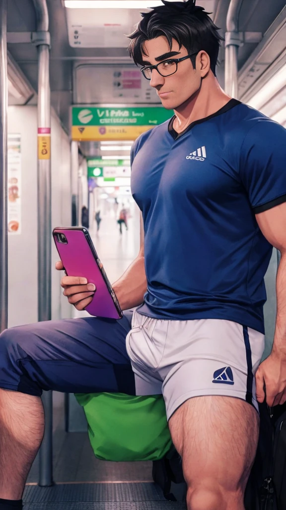 A cheap anime-style LGBT image of a daddy that conveys confidence and calm, daddy is sitting VPL inside the subway talking on his cell phone, VPL, daddy vestindo roupas de jogador de futebol com coxas definidas vpl , poor lighting inside the subway at night, VPL.