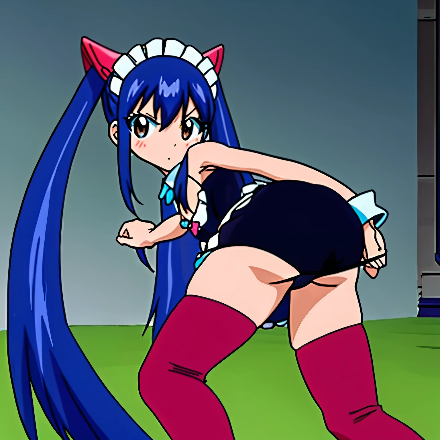 (((wendy))), fairy tail, anime art style, 1girl, solo, small_breasts, dressed, long_hair, shy, looking at viewer, (taking off panties, face closeup, panty pull, bottomless), embarrassed, maid outfit, hair_ornament, blushing, hair_between_eyes, twintails, brown_eyes, ((dark_blue_hair)), parody, style_parody, anime_coloring, short female, female, thick thighs, , maid headwear, thick thighs, thigh highs, exposed butt, bending over, facing viewer, standing, from behind