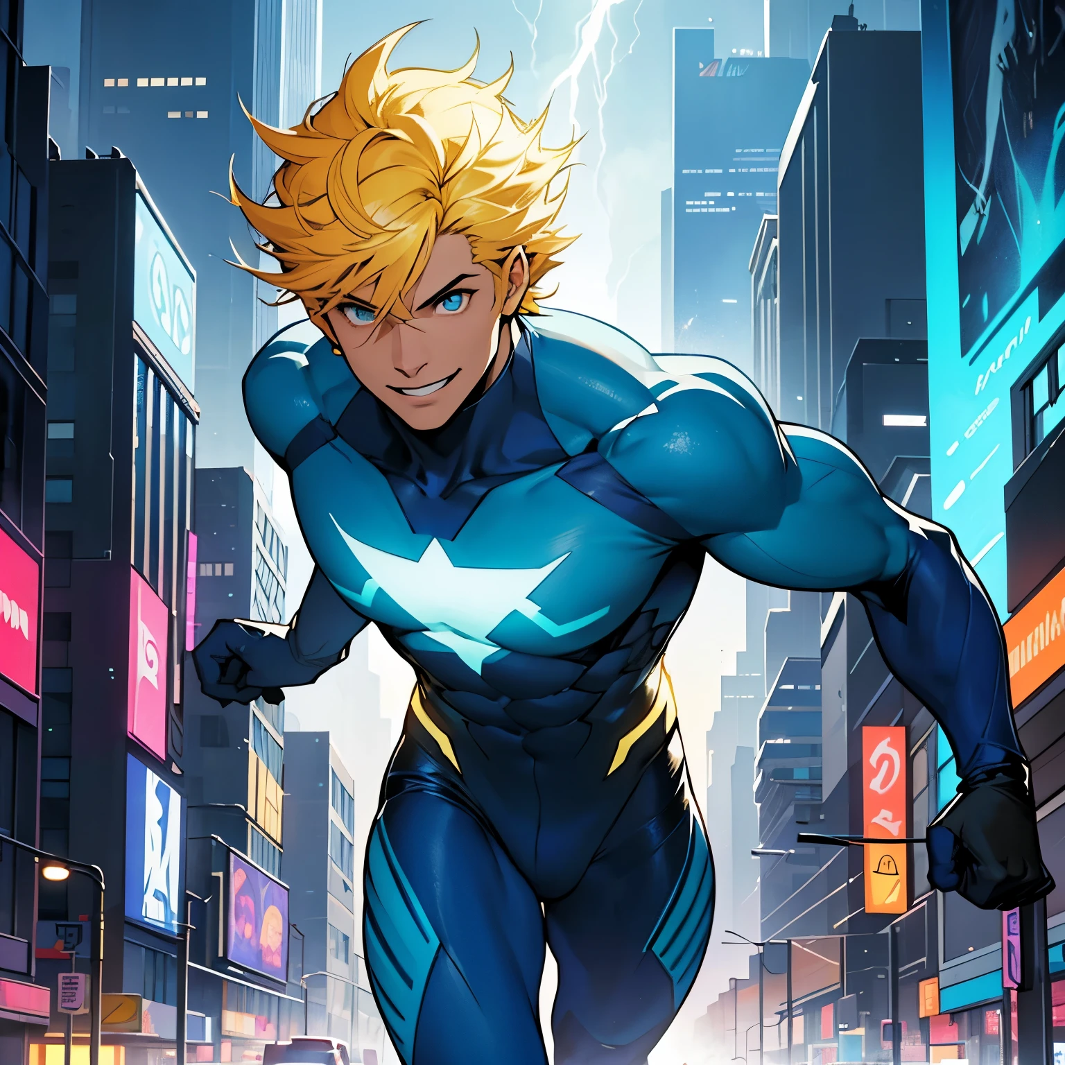 cabelo espetado. Ele tem olhos claros brilhantes e um sorriso confiante. Your skin is clear and smooth. He is in a running pose, The background is a futuristic city lit up at night, with skyscrapers and colorful lights. The art style is a mix of concept art and comics. The color of his costume is a vibrant shade of blue., com destaques amarelos e dourados. The lighting is cheerful, with yellowish rays of light emanating from the lightning symbol on the superhero's chest.