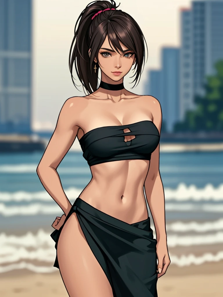 ((solo,1woman, mature, alone))), aeon flux,, ((black hair, glowing blue eyes, wide eyes, body fur, makeup, narrow waist, skinny, medium breasts)), pelvic curtain, ((black bikini)), full body, perfect body, (insanely detailed, beautiful detailed face, masterpiece, best quality), (extremely detailed 8k paper CG wall unit: 1.1), (beach settings, dusk), (smile face for the viewer), cameltoe view, front and back view, 