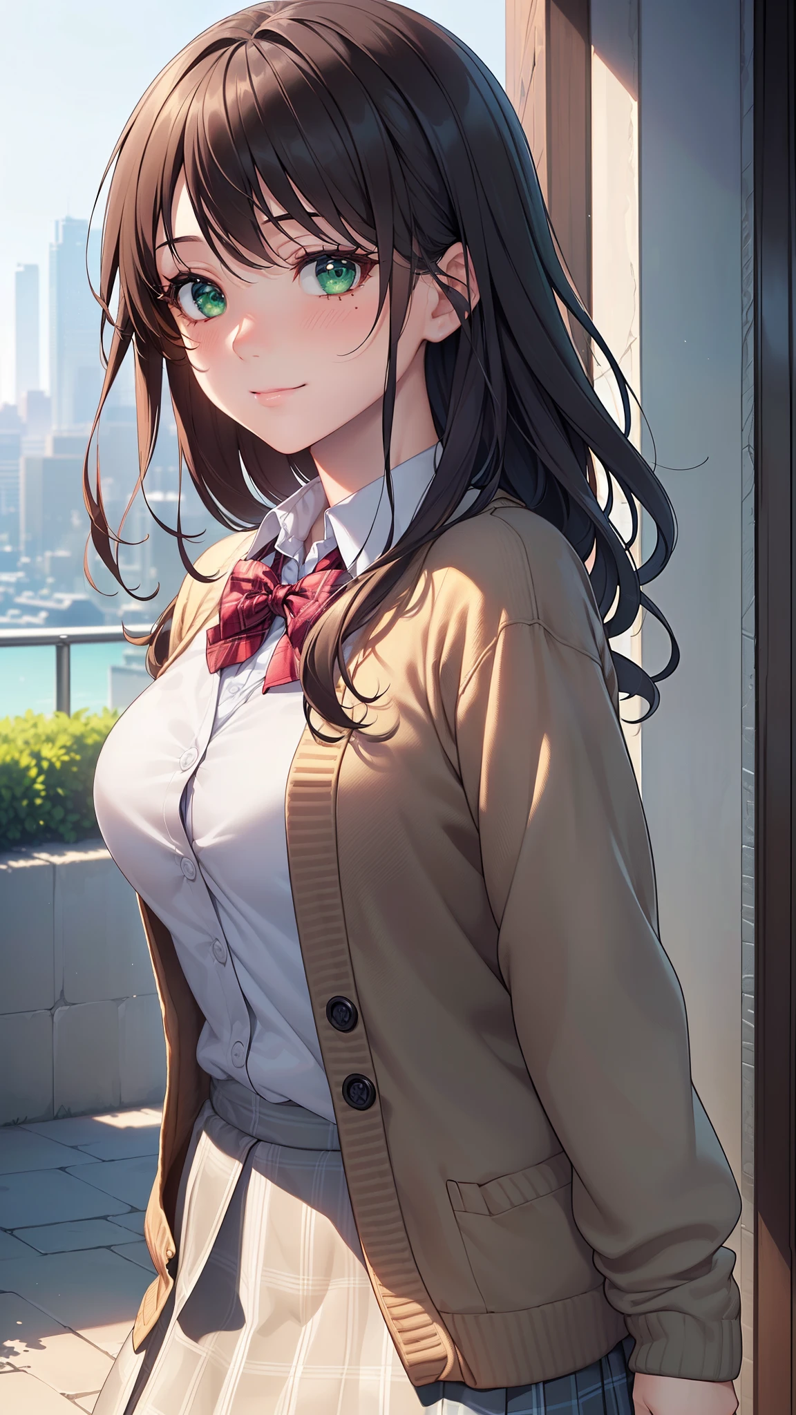 ((masterpiece, highest quality, High resolution, UHD, perfect pixel, Depth of the bounds written, 4k, RTX, HDR))), 1 girl, single, alone, beautiful anime girl, beautiful art style, anime character, ((long hair, bangs, brown hair, curly hair:0.8)), ((green eyes:1.4, round eyes, beautiful eyelashes, realistic eyes)), ((detailed face, blush:1.2)), ((smooth texture:0.75, realistic texture:0.65, realistic:1.1, Anime CG style)), medium breasts, dynamic angle, perfect body, ((portrait, throw)), ((red bow tie, , black jacket, open jacket, brown cardigan, white shirt, black skirt, plaid skirt)), smile, amusement park