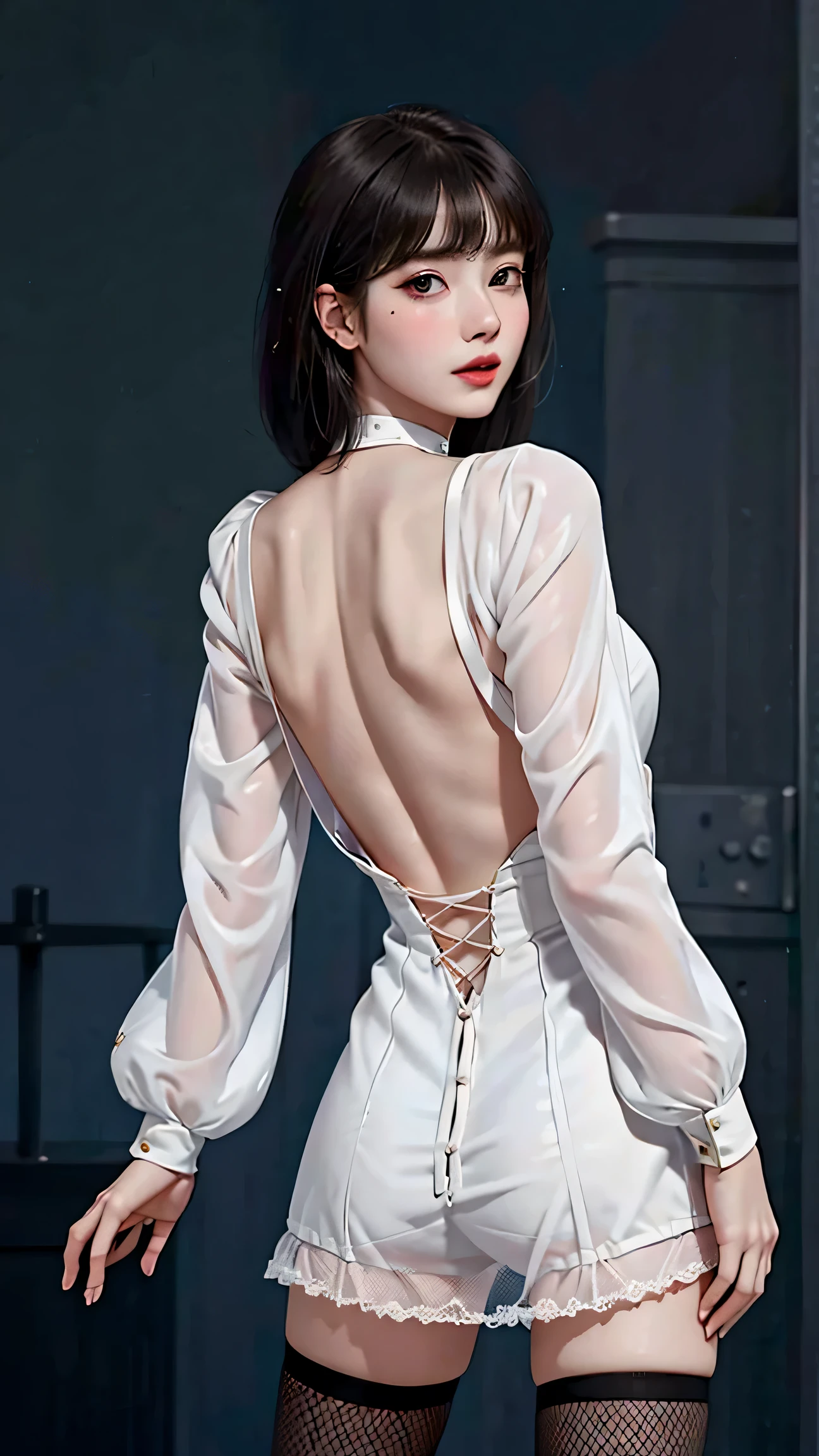High resolution, adult woman , good lighting, despicable, , (No nudity), (((T-back))), (()), ((())), (Fishnet tights), Abdominal area only, (), , cute face, I'blush with embarrassment, humiliating, ((look back)), ((See-through)),(choker),()