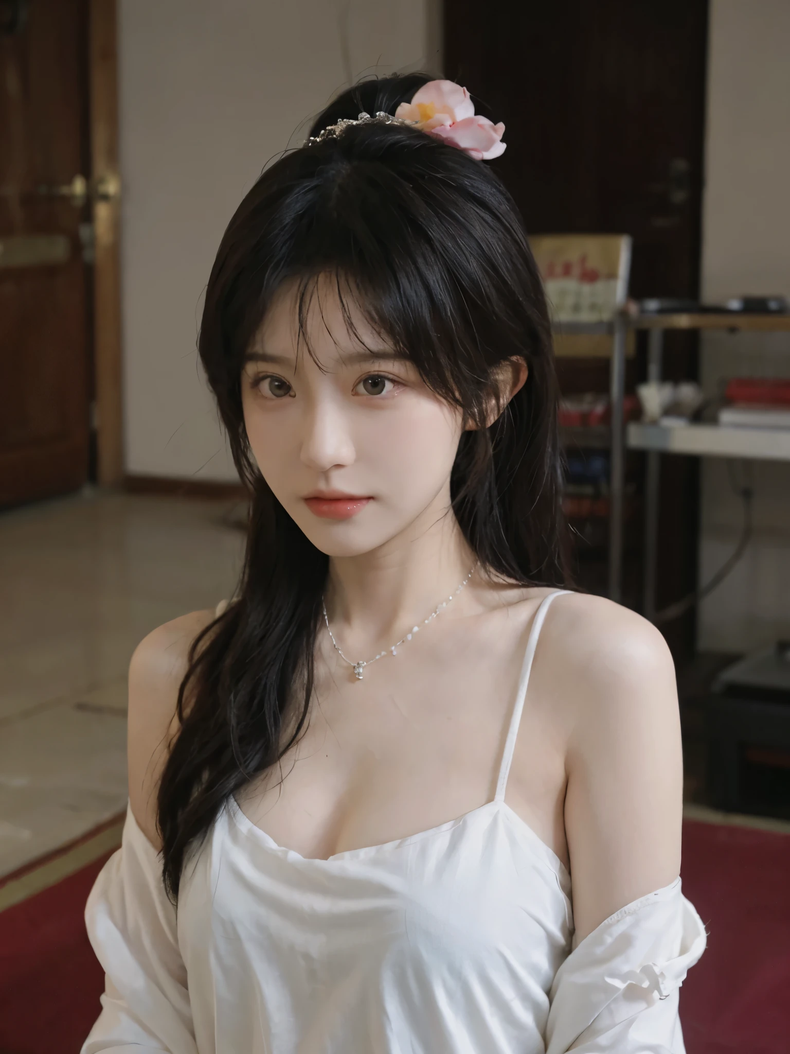 best quality， ultra high resolution， （realistically：1.4），cute hairpin，Baoyu Girl，Standing in the wedding hall，（flat chest：1.2） ，A pair of clear and charming peach blossom eyes,Royal sister，The sun shines on the face，Big wavy hairstyle，（necklace：1.2），（White skin：1.4），a sense of atmosphere，a beautiful girl，Looking directly at the viewer， Close-up cleavage ，(lifelike:1.4),1 girl,Sexy,(Upper body:1.4),(wet),(:1.2)