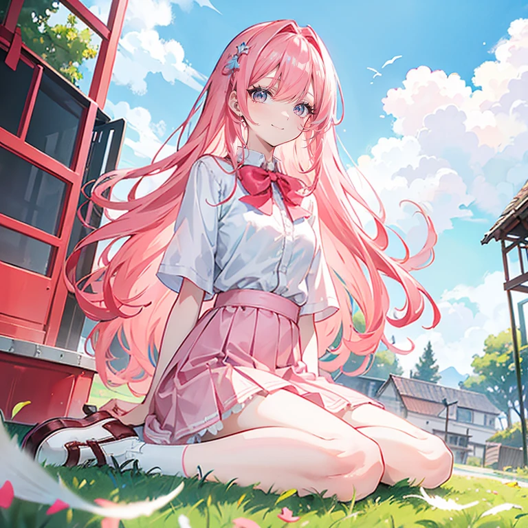 Coral Pink Hair,long hair,hair covering one eye,gray eyes,feather hair accessories,Lovely,girl,nine-headed body,Smiling expression,White shirt,skirt,Wear small leather shoes,Sitting on the lawn,whole body,Don't show your arms,The background is a lawn,Blue sky and white clouds