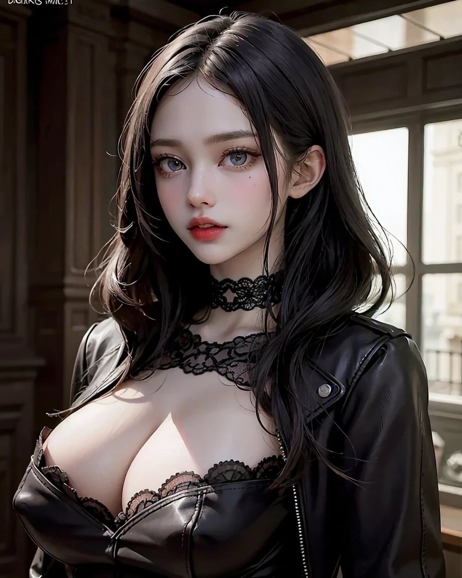 Beautiful girl with realistic black eyes, pale skin, Long black hair, perfect face, perfect eyes, ((Wearing a black coat)),((A tight lace dress with a large opening at the chest)) very detailed, comprehensive movie, digital painting, 8K, cinematic lighting, highest quality, High resolution, Great job!, Post-processing, perfect result, surreal,(((revealing clothes))),big breasts,choker,erect nipples
