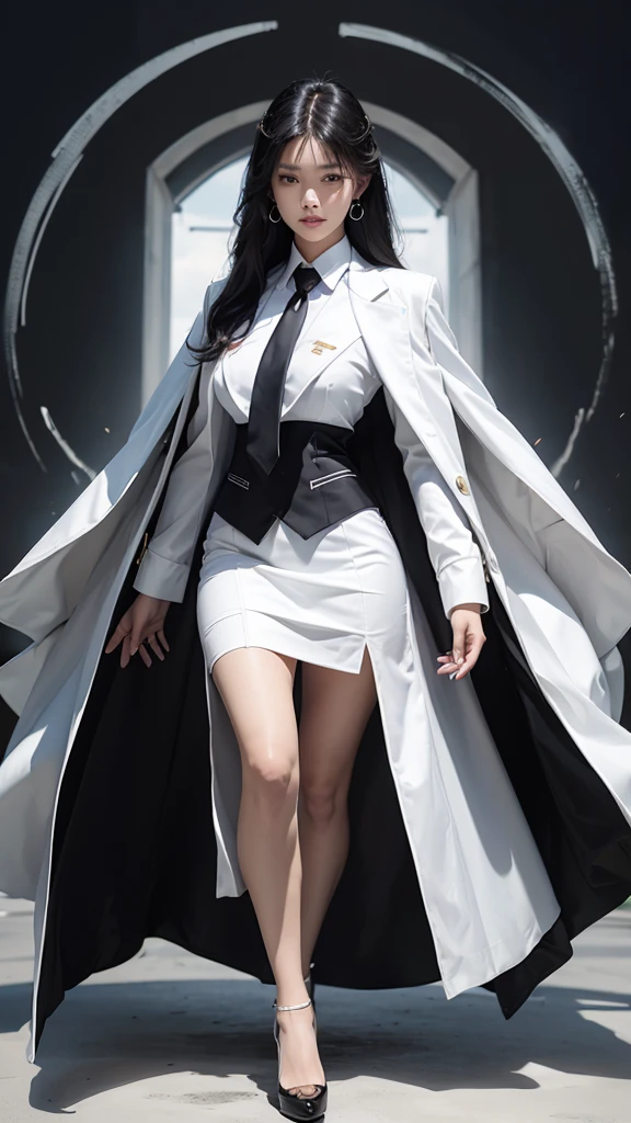 Beautiful girl with two meter long hair, long black hair, wearing a white women&#39;s suit, Wear a suit over the outside., (white women&#39;s suit), (white shirt), (Thai women&#39;s short black necktie), (Military rank insignia), (Short white pencil skirt), tight, (dynamic post), full body, (Huge breasts, thin body, small waist, hips raised, small thighs, Long legs), A gigantic rift, black high heels, Short white pencil skirt, สวมbusiness suit, business suit, military regalia,