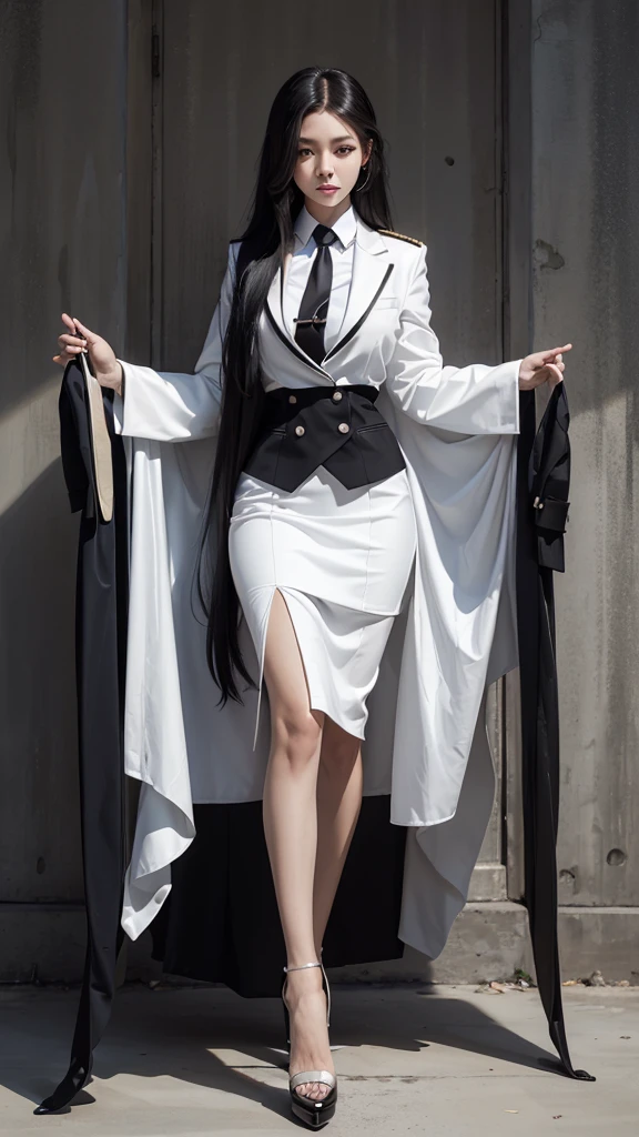 สาวสวยTwo meter long hair, long black hair, ชุดสูทผู้หญิงwhite, (wearing a women's suit, Business woman's suit, white), (ชุดสูทผู้หญิงwhite), (เสื้อเชิ้ตwhite), (Thai women's short black necktie), (Military rank insignia), (short pencil skirtwhite), tight, (dynamic post), full body, (Huge breasts, thin body, small waist, hips raised, small thighs, Long legs), A gigantic rift, black high heels, (short pencil skirt, white), (Wearing a white business suit, สูทนักธุรกิจหญิงwhite), tight, military regalia, เสื้อwhite, กระโปรงwhite, Single row suit buttons, Two meter long hair,