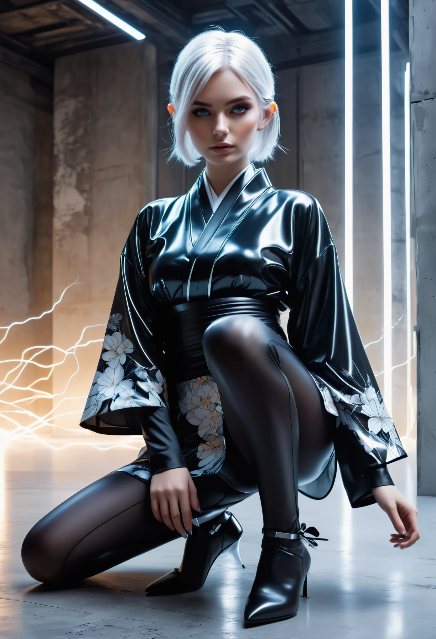 (nsfw), Best Quality, ultra Detailed, ultra Realistic, Futuristic wear design,,design suggesting flexibility,monochromatic color scheme emitting serenity,surface softly reflecting light,minimalism,simple yet impactful Feminine beauty,spirit of modernism, Feminine elements as visual art, fusion of advanced technology and nature,photorealistic rendering,, 1girl, sitting, all body shot, white Cyber bunny-girl-eared, cyberpunk kimono, translucent, glossy fabric, low-rise black Leggings, sheer, kimono-style top, monochrome palette, sleek lines, futuristic adornments, high-tech accessories, minimalist design, harmonious fusion, bold simplicity, serene expression, cybernetic enhancements, striking elegance, /// /// BREAK (ash-gray short hair, Droopy eyes, light Droopy eyebrows:1.3), making her blue eyes shine even brighter, well-defined face line and cute, huge eyes, accentuating her radiant white skin, (in a concrete, Realistic black Shadowv, Realistic lightning:1.3), BREAK Incredibly slim waist, Upward-facing medium and perky nipples, with disproportionately medium breasts, and rounded medium buttocks, exuding a sculptural beauty, looking viewer, meat stuck to the clothing,