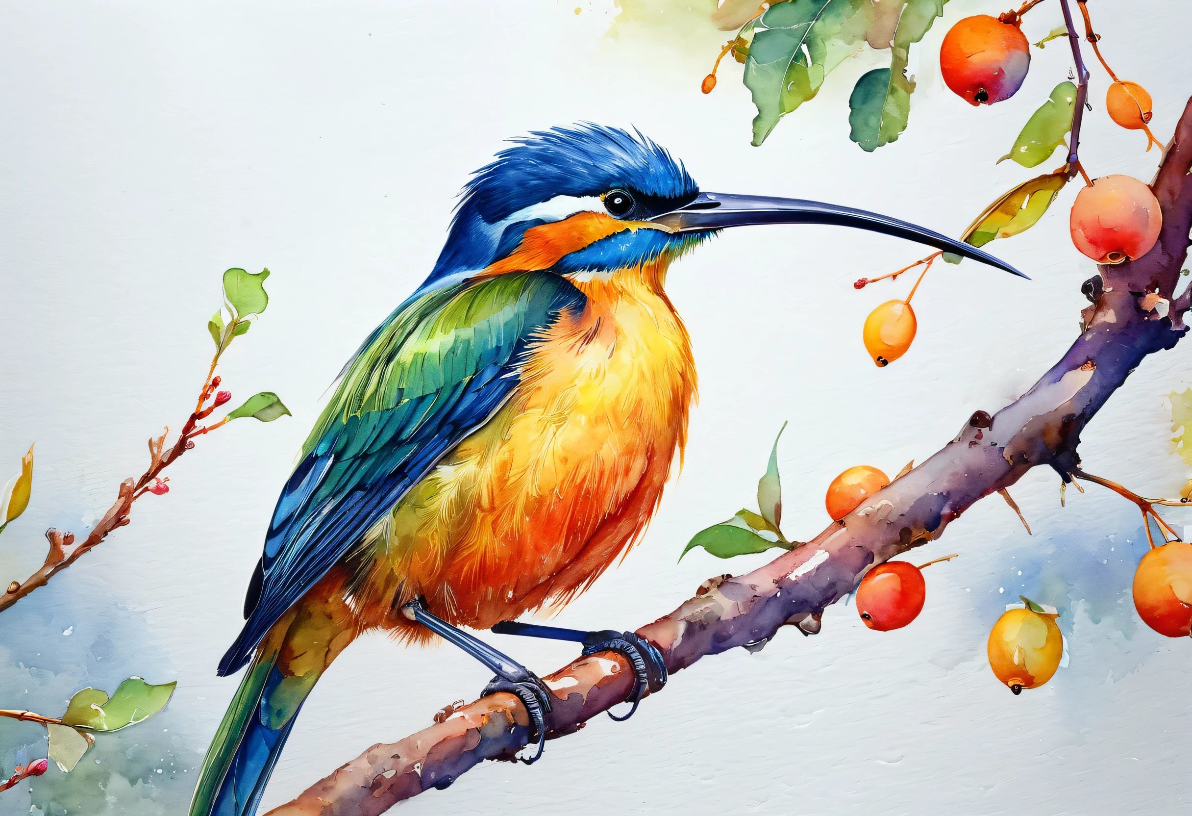 A bird with a long beak perched on a branch, Watercolors by Eugeniusz Zak, Trending with ArtStation, Process Art, Painted in bright colorful colors, Detailed painting 4k, Impressive、Stunning detailed watercolor painting, beautiful picture of a tall person, Rich in color and detail, Detailed watercolor painting, Rich colors and details, painted with oil