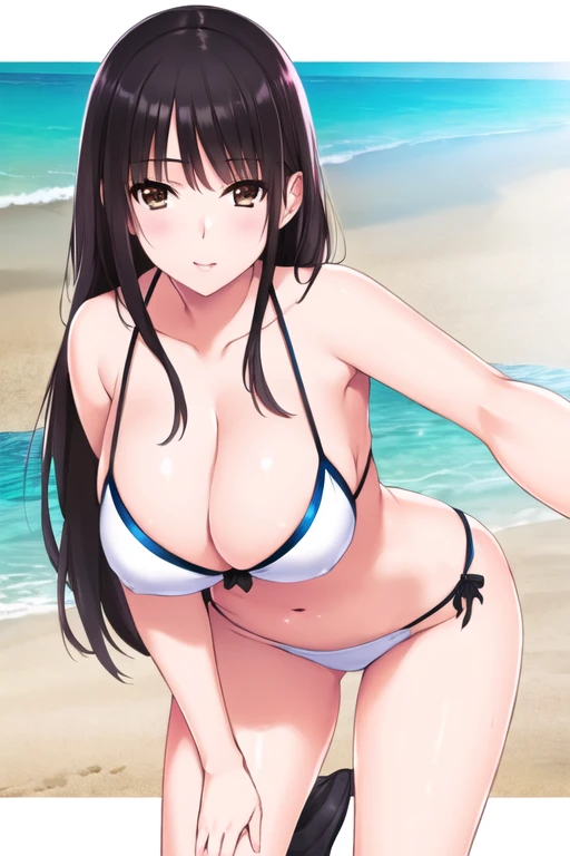 (8K, Raw photo, highest quality, masterpiece:1.2),
1 girl,alone,mature woman,black hair,brown eyes,long hair, chest, cleavage, bikini, white bikini, looking at the viewer,leaning forward,
beach, 
 