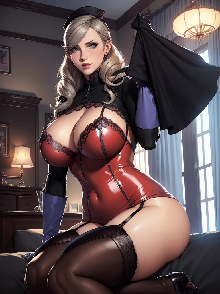 1girl in, (Solo:1.2), (Beautiful and detailed eyes description), (((sexy miniskirt lace))),(((sexy stockings black))),(((sexy lingerie garter))),neon pink lips,(((massive big big oppai))),(((black miniskir sexy lace latex))),(beautiful and detailed face), Perfect female body, neat figure, Slender waist, (Young Girl), (20 years old), Long hair, Platinum Blonde Hair, Very big eyes, Blue neon eyes, medium breasts, blush, Shy, watery lips, Nurse, (nurse cat dress lace), Nurse Cap ears cat, Unbuttoned, (White Gloves:1.2), (White pantyhose), high-heels, Necklace, earrings, Indoors, school nurse, Hospital bed, window, White curtains, Sunlight, Squatting, (Best Quality), (ultra-detailliert), (masutepiece), (hight resolution), (Original), (the Extremely Detailed CG Unity 8K Wallpapers), Character Design, Game CG, Detailed Manga Illustration