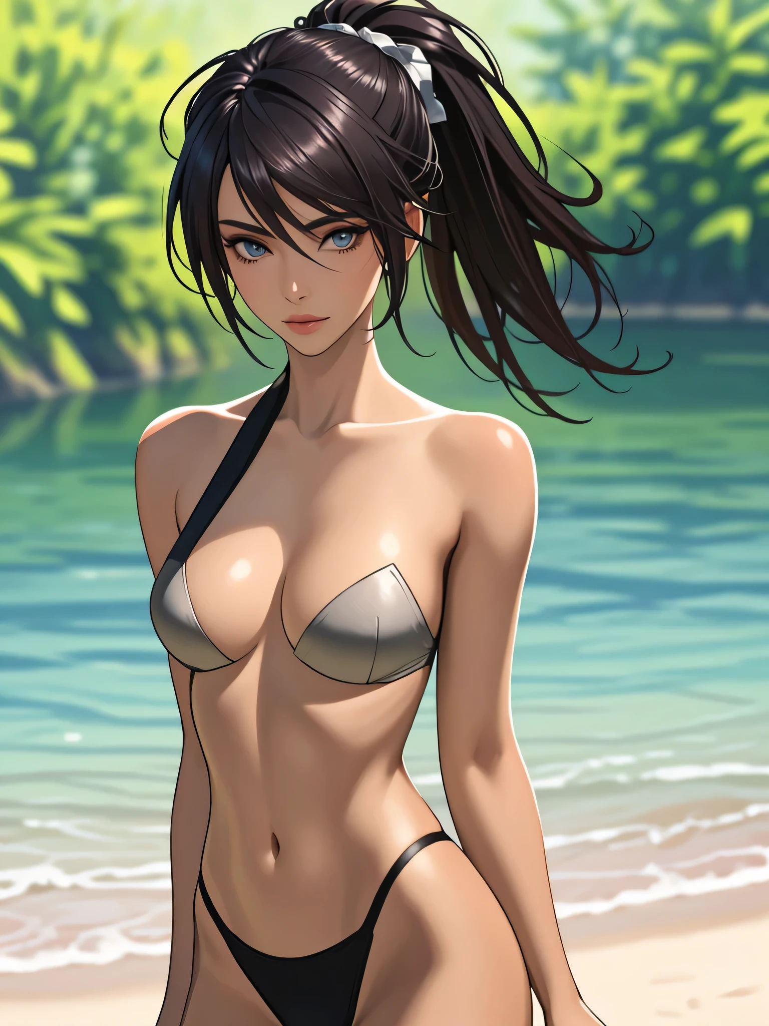 1 girl (Masterpiece, best quality, photorealistic, highres, photography:1.3), close-up portrait, sharp focus, 1 dark haired girls, European fashion models, flawless skin, slim feminine appearance, flat abdomen, slender abs, cleavage, messy hair, detailed hair strands, delicate sexy face, allure look, ((elegant girl, high society, detailed makeup, influencer, perfect skin)), outdoor fashion photoshoot, standing pose, ((realistic, ultra realistic, realism, realistic detail)), long black ponytail, hair between eyes, (tan skin, bronze skin) blue eyes, tan skin