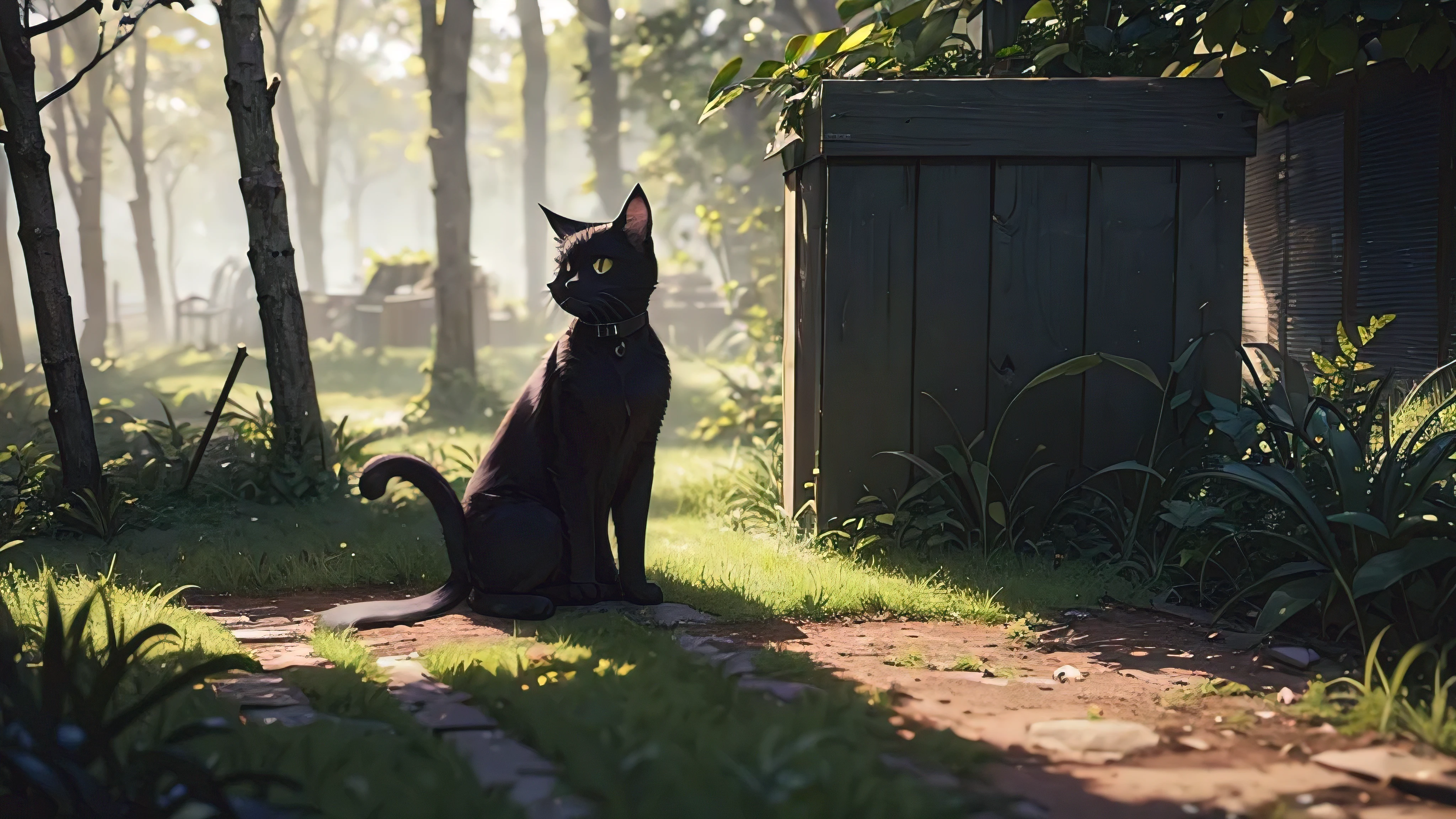 A lonely, abandoned black cat, sitting in an overgrown yard, with its ears perked up and its piercing yellow eyes fixated on something in the distance. The cat's fur is matte and shiny, and its paws are caked with dirt. The scene is rendered in high-definition with intricate details, showcasing every strand of the cat's fur and every crack in the old fence behind it. The sunlight filters through the trees, casting long shadows on the ground and adding depth to the image. This stunning, realistic CGI representation of the abandoned black cat is brought to life through the use of Octane render and a top-down perspective, creating a cinematic and emotional experience for