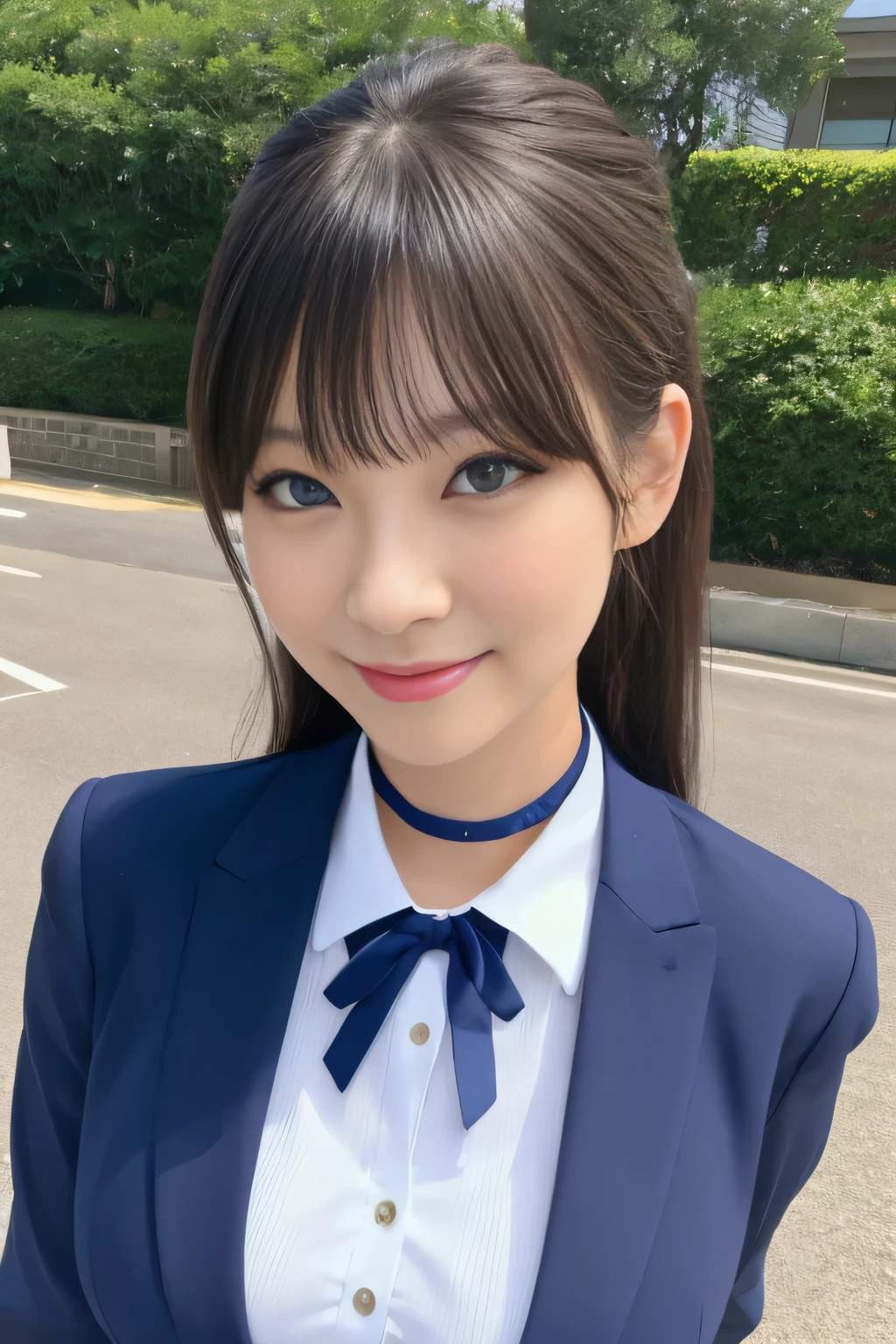 (完璧なボディを持つかわいいfemale, female), (office ladies), (masterpiece, high quality:1.2), big breasts, Office Suits, (smile), (office), highly detailed face, navy suit、break, ((black choker, big breasts, blue eyes, long eyelashes)), uniform, smile、bangs, Bright white skin, grace, Transparent air, (8k RAW photo:1.1), Natural light, female, Beautiful announcer, (slim face),