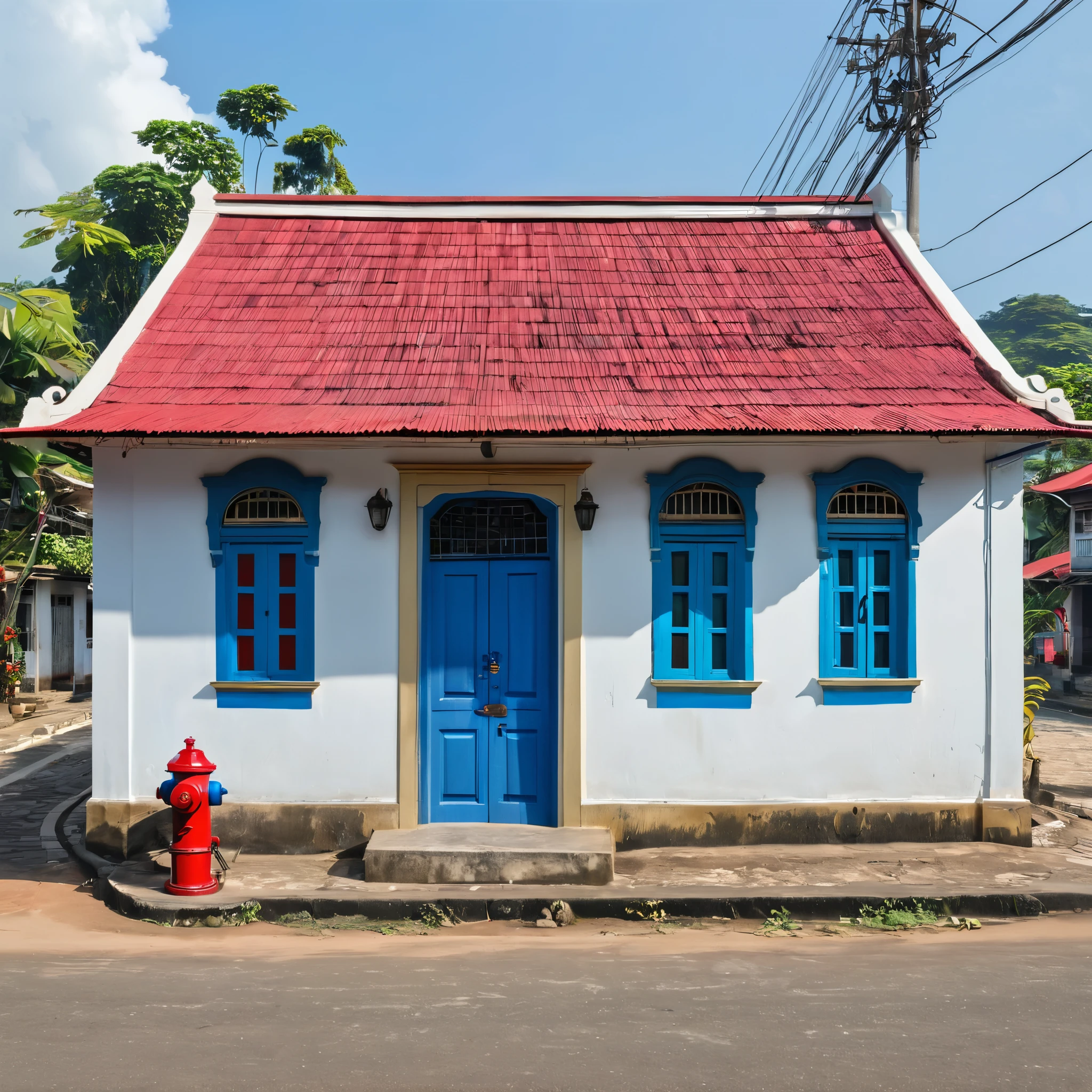 there is a small building with a blue door and a red fire hydrant, old building, arsitektur nusantara, colonial house in background, frontview, old house, front view, front-view, eliran kantor, exterior view, front side view, historical image, front side, outside view, kuntilanak, preserved historical, street view