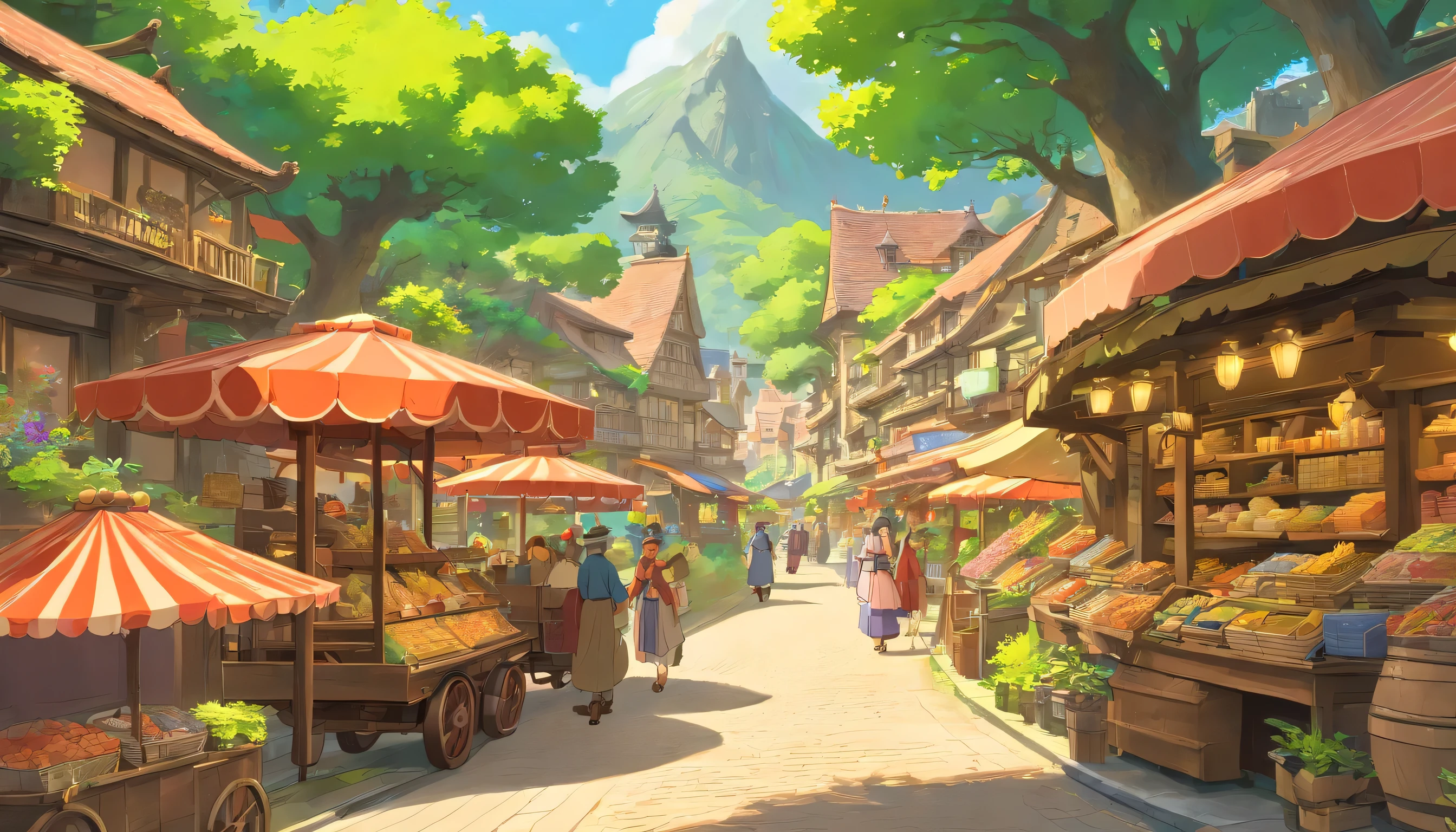 ((((masterpiece, Best Quality, High resolution)))), High detail, manga，anime，Illustrated style，Use of bright colors，Ghibli Studio「Howl&#39;s Moving Castle」The colors are like those used in daytime scenes., Medieval European fantasy worldview, There is no castle in the background, Shooting Gallery, Market Square during the day, Sparkling water gushes out in the sunlight.,  Bustling food stalls,No humans，人の着ている服はGhibli Studioの魔女の宅急便のような雰囲気， RPG-like scenery,The sky is bright blue、Fluffy white clouds floating, And the sun is shining brightly, Create a magical and cozy atmosphere, 