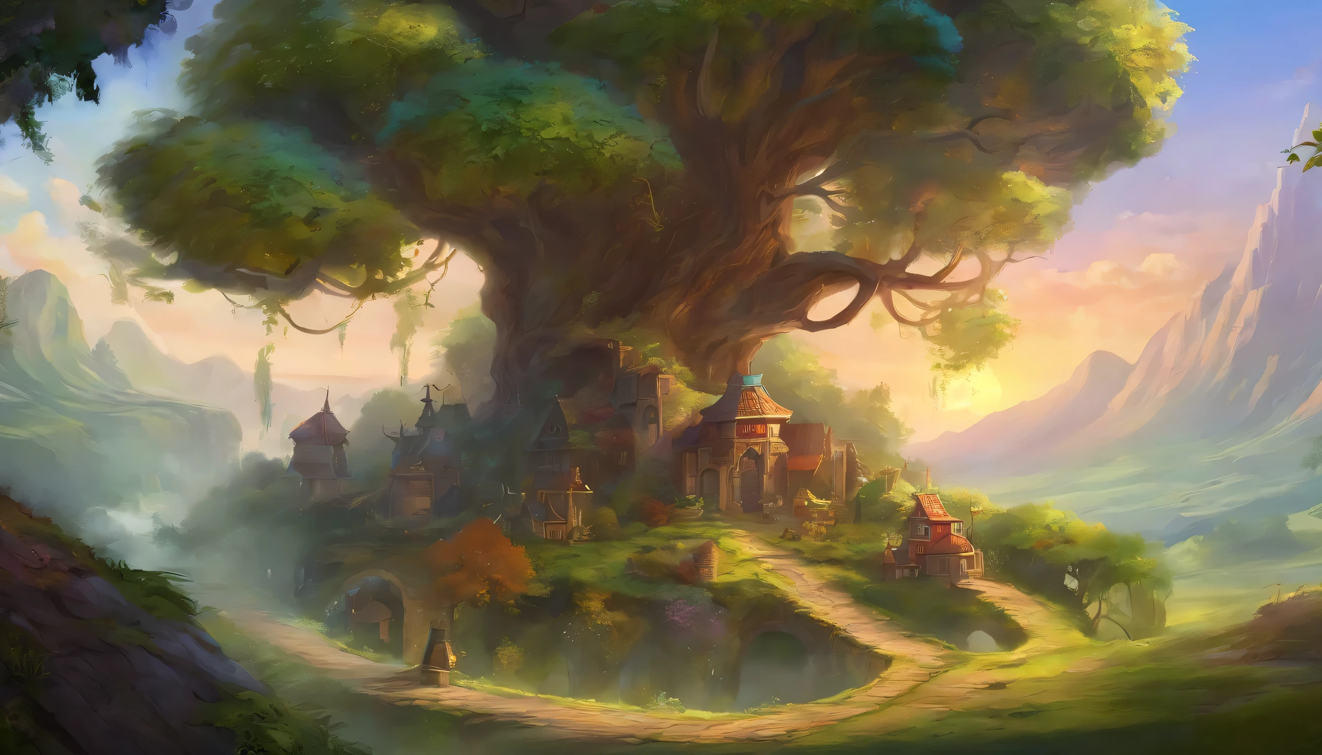 (wandering trader, merchant cart), Best quality, highly detailed, fantasy art, concept art, Art fantastique, grand angle, made of tree and fantasy valley, fantasy highly detailed, highly realistic concept art, Digital 2D fantasy art,Realism,8K
