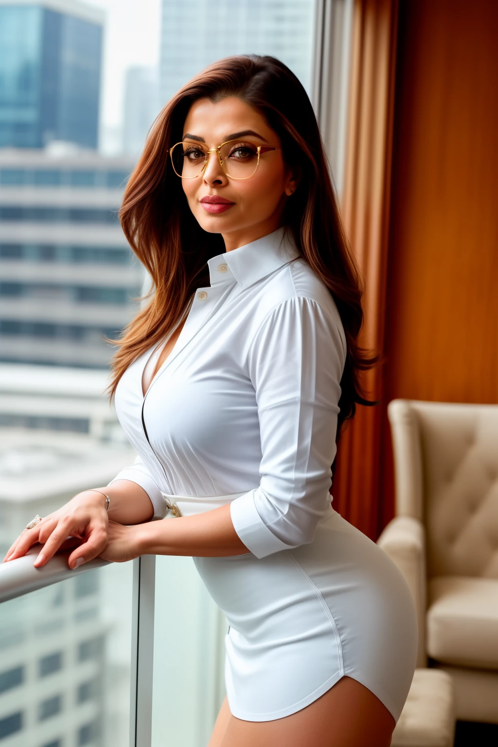 45yo mature milf Aishwarya rai as SEXIEST corporate whore, YELLOW COTTON BODYCON DRESS, ((tight unbuttoned shirt)), ((high heels)), mature athletic milf figure, MEDIUM BREASTS, high ponytail, wearing thick frame glasses, posing in balcony, day scene, mature hourglass figure, look straight at camera, erotic adult face, 45 yo mature milf body, soft volumetric lights, intricate details, (ArtStation:1.2)