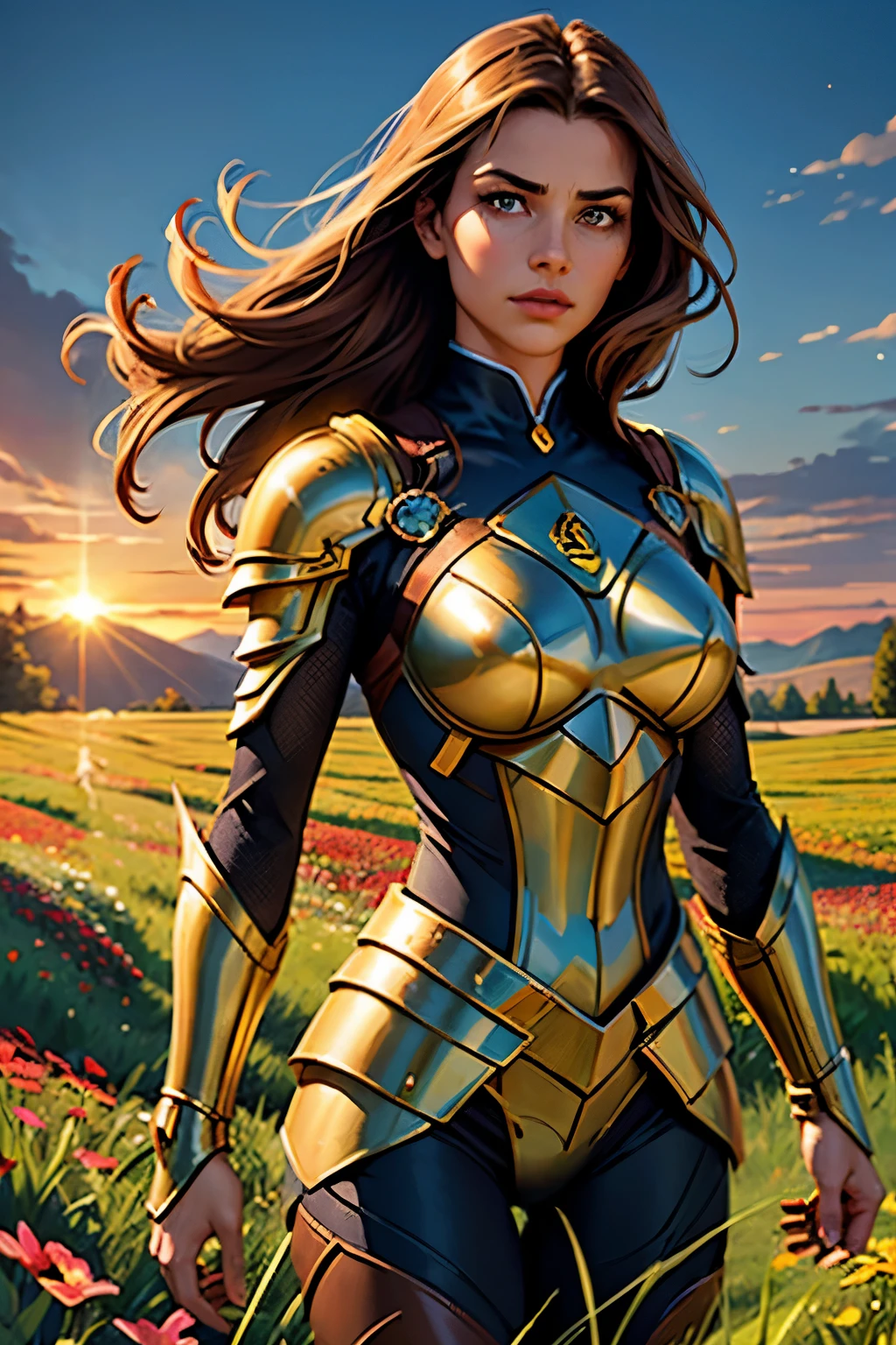(masterpiece),(best quality),(extremely intricate),(sharp focus),(cinematic lighting),(extremely detailed),A young girl in armor,standing in a meadow of wildflowers. She has long brown hair adorned with wildflowers. Her expression is determined,and her eyes are shining with courage. The sun is shining brightly behind her,casting a golden glow over the scene.,flower4rmor,flower bodysuit,Flower,