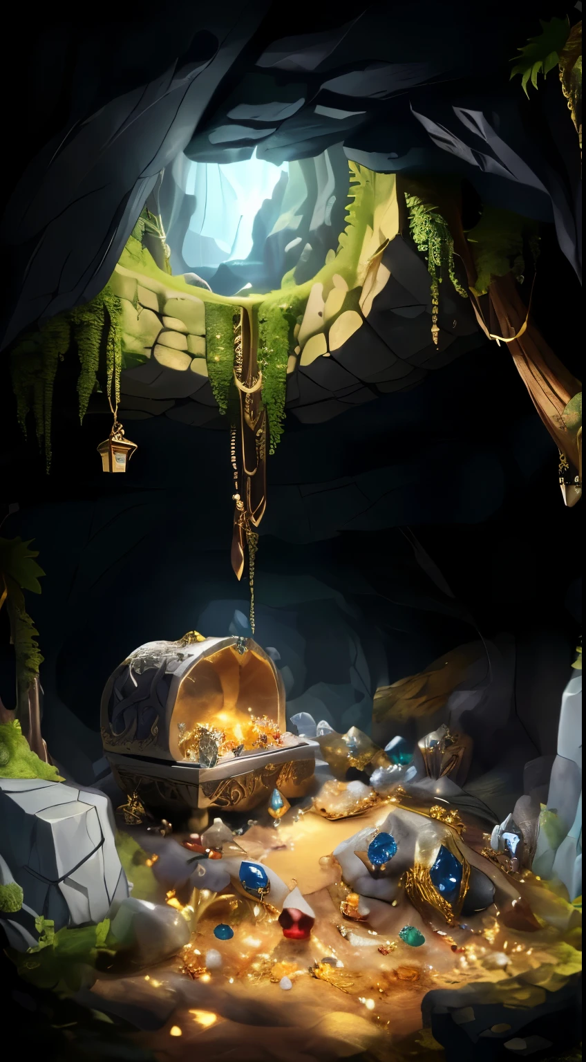 (cave,treasure,golden and silver jewels,vines and foliage at the entrance,crystal-clear,enchanted magical style)Cave treasure gold and silver jewelry cave mouth with weeds and vines HD magic style