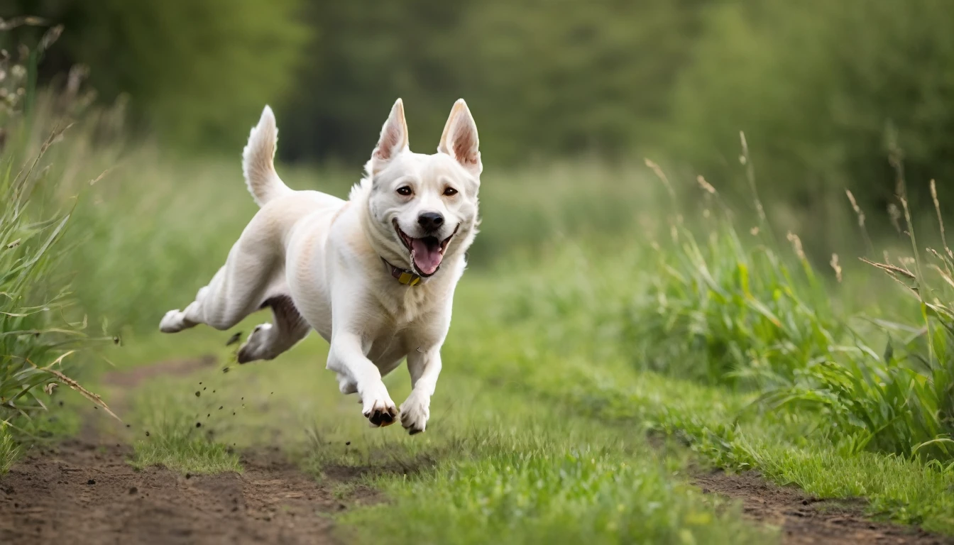 A dog runs across the filed of vies of a camera, the camera tries to track the dog, this leads to an image with a lot of motion blur