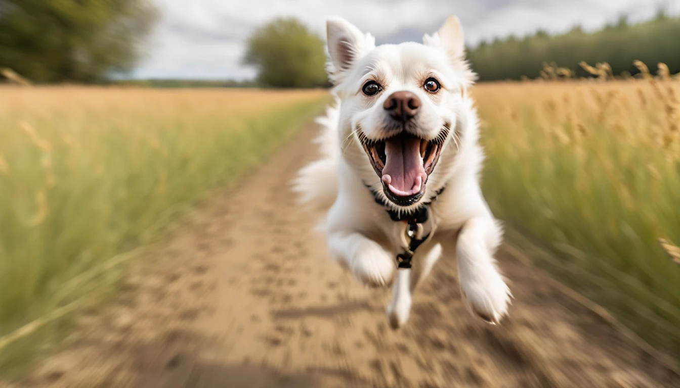 A dog runs across the filed of vies of a camera, the camera tries to track the dog, this leads to an image with a lot of motion blur