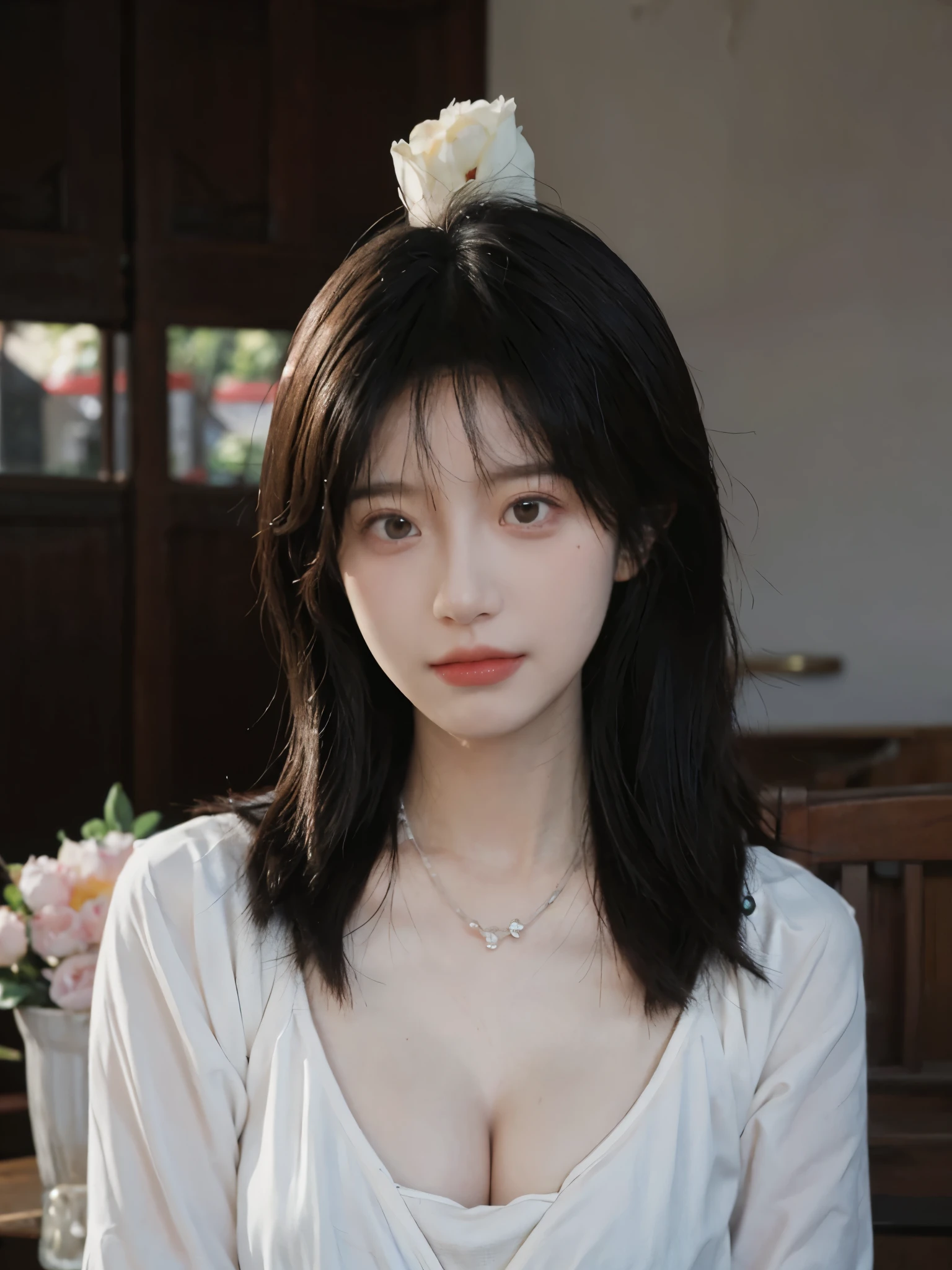 best quality, ultra high resolution, (realistically:1.4),cute hairpin,Baoyu Girl,Standing in the wedding hall,(flat chest:1.2) ,A pair of clear and charming peach blossom eyes,Royal sister,The sun shines on the face,Big wavy hairstyle,(necklace:1.2),(White skin:1.4),a sense of atmosphere,a beautiful girl,Looking directly at the viewer, Close-up cleavage ,(lifelike:1.4),1 girl,Sexy,(Upper body:1.4),(wet),(:1.2)