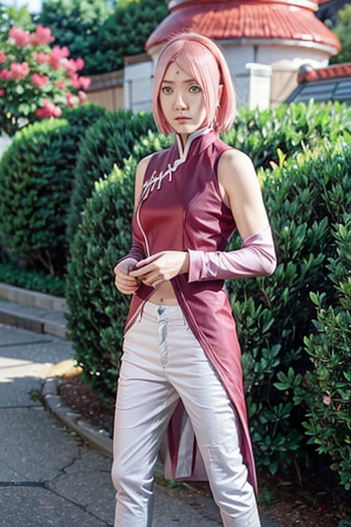 Pink hair girl, greeneyes, Sakura haruno red dress