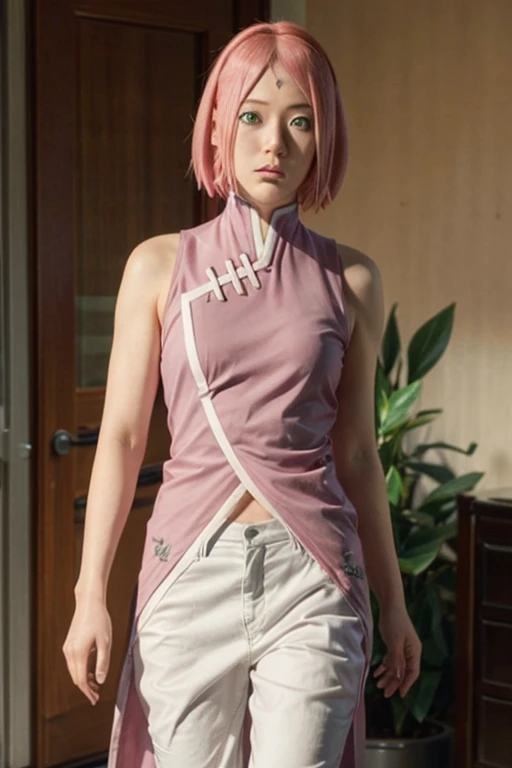 Real life adaption of this character,Asian beauty , realistic same hair, realistic outfit, realistic light, realistic shadow, hyper realistic, realism, realistic background,(photorealistic:1.2),green eyes color. Sakura / Sakura Haruno (Sakura Haruno) / [Boruto: Naruto Next Generation,1girl ,white pants ,best quality ,ultra Higd ,detail realistic ,HDR pro