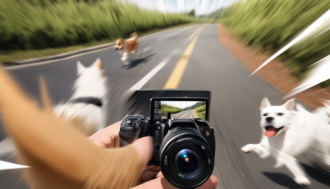 A dog runs across the filed of vies of a camera, the camera tries to track the dog, this leads to an image with a lot of motion blur