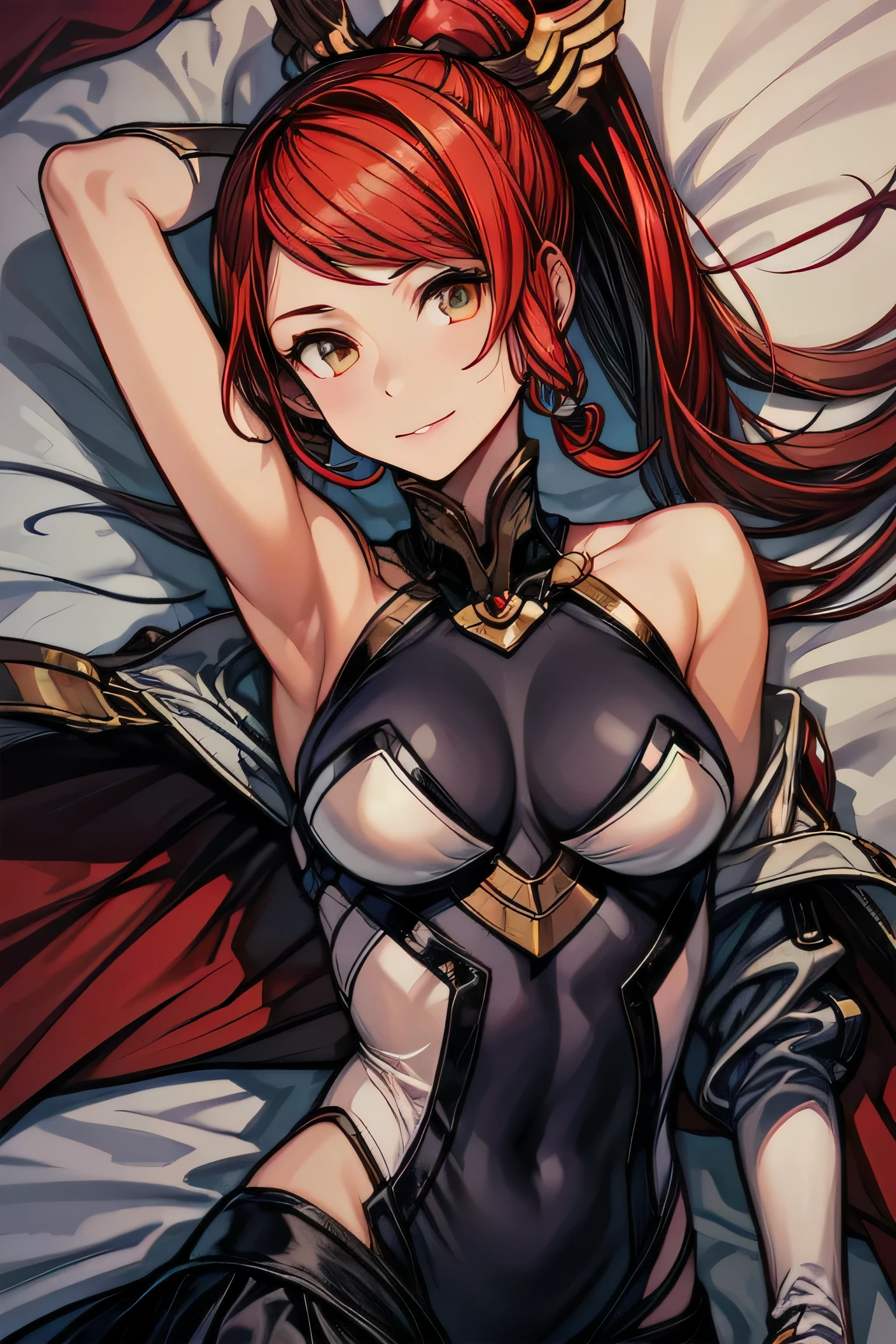 Izayoi (blazblue), orange eyes, red hair, ponytail, long hair, Small breasts, armor, bodysuit, boots, skin tight, skirt, thigh boots, thighhighs, 1girl, solo, facing viewer, looking at viewer, upper body, smile, lying down, lying on back. cape,
