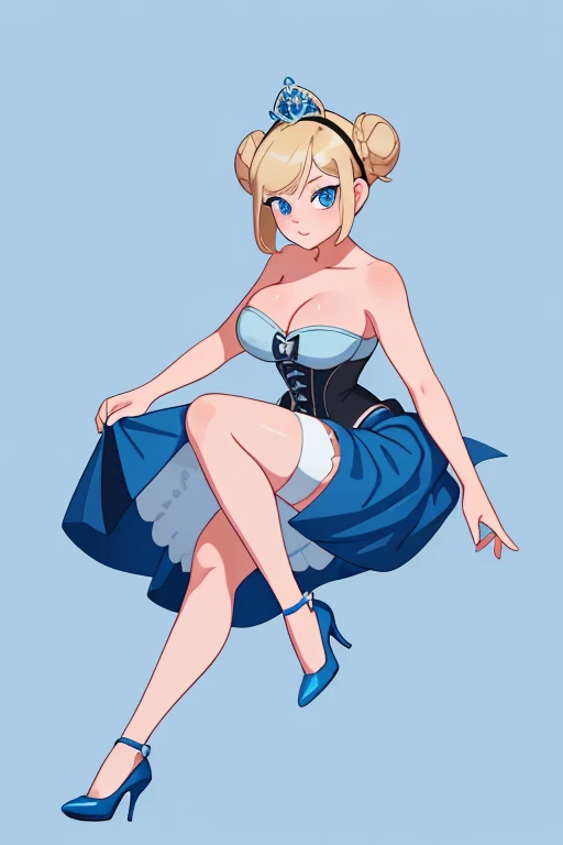 1girl, solo, masterpiece best quality, 26 year old Scandinavian woman, Short blonde hair, bun-like hairstyle, bright blue eyes, large breasts, dark blue strapless dress, corset, cleavage, diamond tiara, white stash, blue high-heel shoes, full body shot