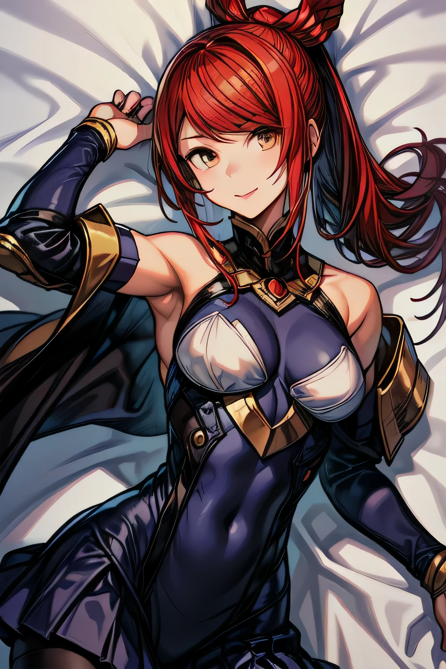 Izayoi (blazblue), orange eyes, red hair, ponytail, long hair, Small breasts, armor, bodysuit, boots, skin tight, skirt, thigh boots, thighhighs, 1girl, solo, facing viewer, looking at viewer, upper body, smile, lying down, lying on back. cape,
