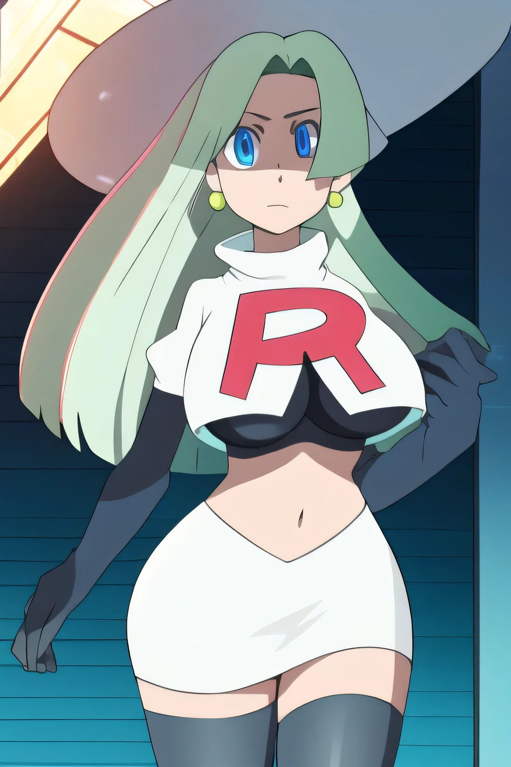 pokemonmelony, pokemonmelony, blue eyes, eyelashes, long hair, multicolored hair, streaked hair, grey hair, (large breasts:1.2), 
BREAK earrings, hat, jewelry, white headwear, team rocket,team rocket uniform, red letter R, white skirt,white crop top,black thigh-highs,black elbow gloves
BREAK looking at viewer, (cowboy shot:1.5),
BREAK (masterpiece:1.2), best quality, high resolution, unity 8k wallpaper, (illustration:0.8), (beautiful detailed eyes:1.6), extremely detailed face, perfect lighting, extremely detailed CG, (perfect hands, perfect anatomy),