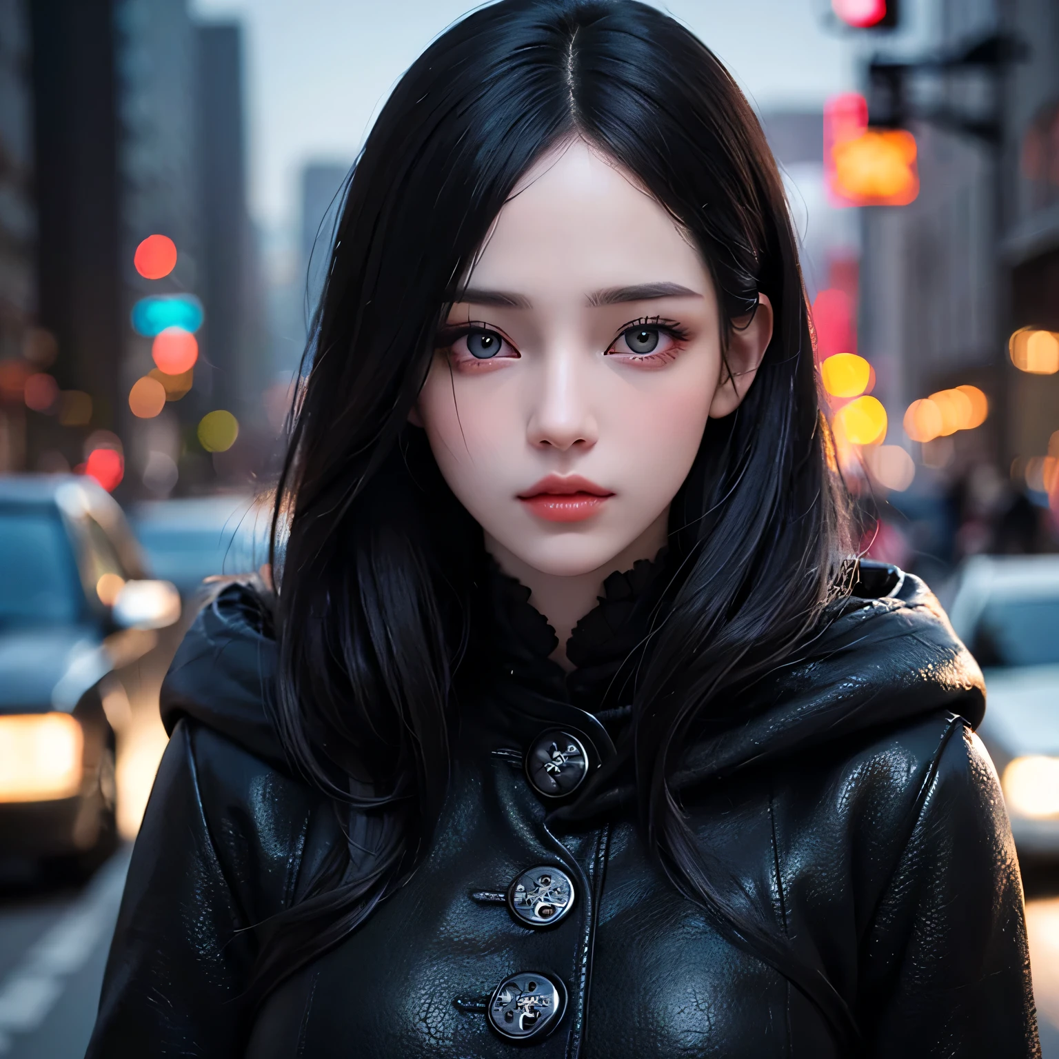 Beautiful girl with realistic black eyes, pale skin, medium length black hair, perfect face, perfect eyes, wearing a coat, very detailed, comprehensive movie, digital painting, 8K, cinematic lighting, highest quality, High resolution, well done!, Post-processing, perfect result, surreal,big breasts,