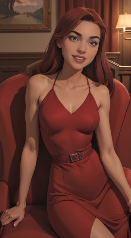 Foto hiperrealista en primer plano de 20 years old Maria Bellowear wear red maxi maxi dress, siting on the armchair, beautiful legs, sexy pose, hotel hall, beautiful woman, skinny, small breasts, straight red hair, detailed face, smile,
