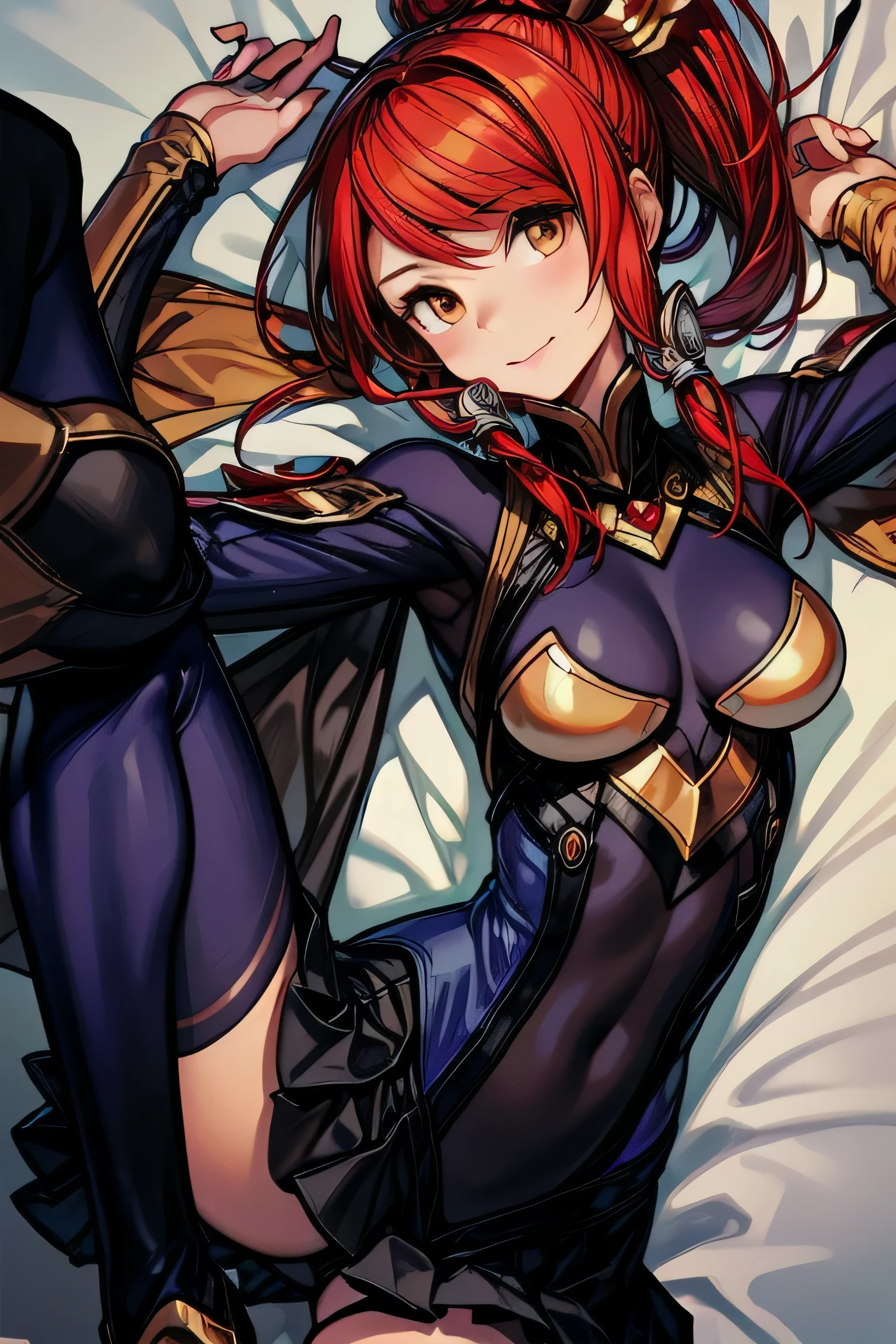 Izayoi (blazblue), orange eyes, red hair, ponytail, long hair, Small breasts, armor, bodysuit, boots, skin tight, skirt, thigh boots, thighhighs, 1girl, solo, facing viewer, looking at viewer, upper body, smile, lying down, lying on back. cape,
